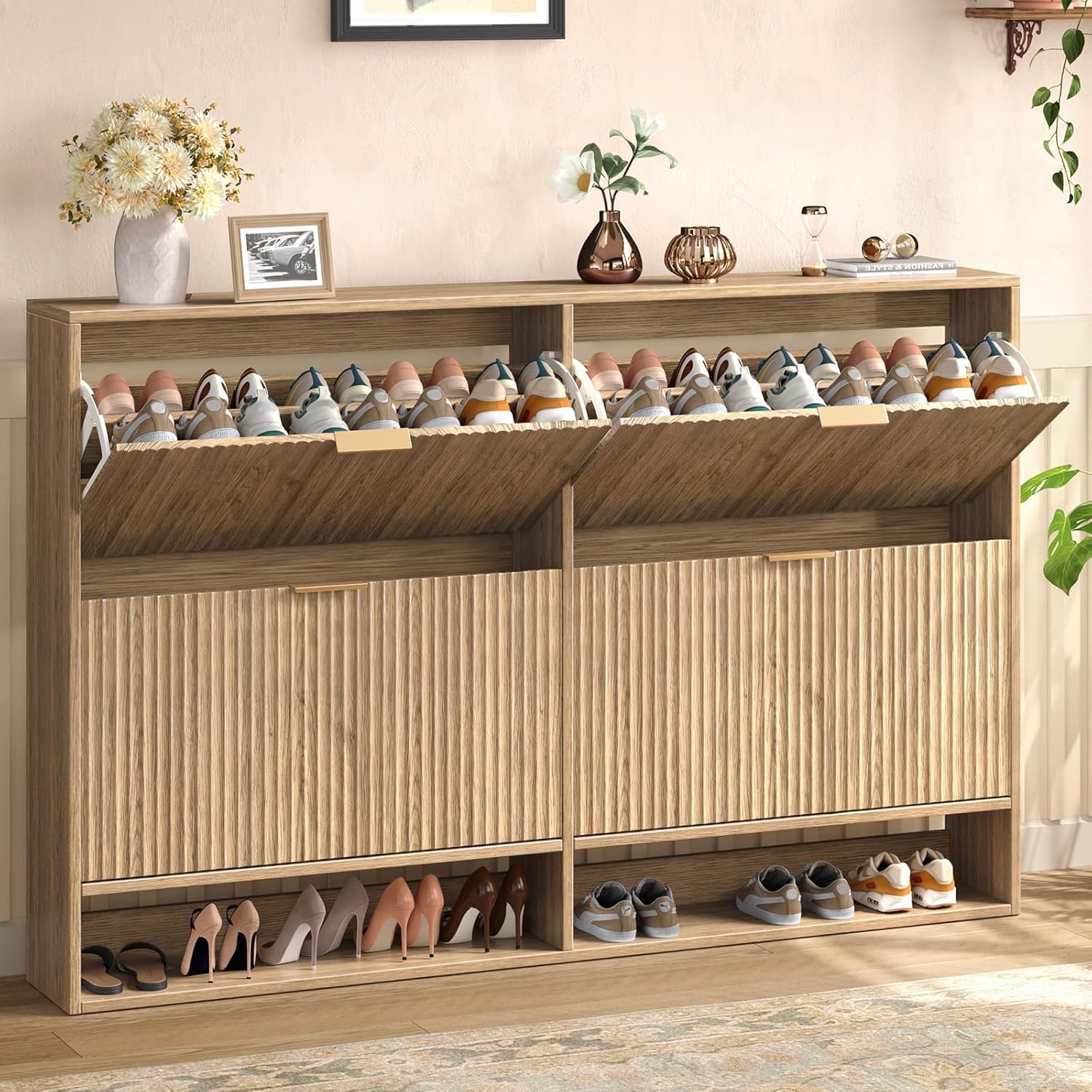 47.2''W Oak Shoe Storage Cabinet for Entryway with 4 Flip Drawers, Narrow Wood Fluted Shoe Rack Cabinet,Freestanding Slim Shoe Organizer Cabinet for Foyer, Hallway