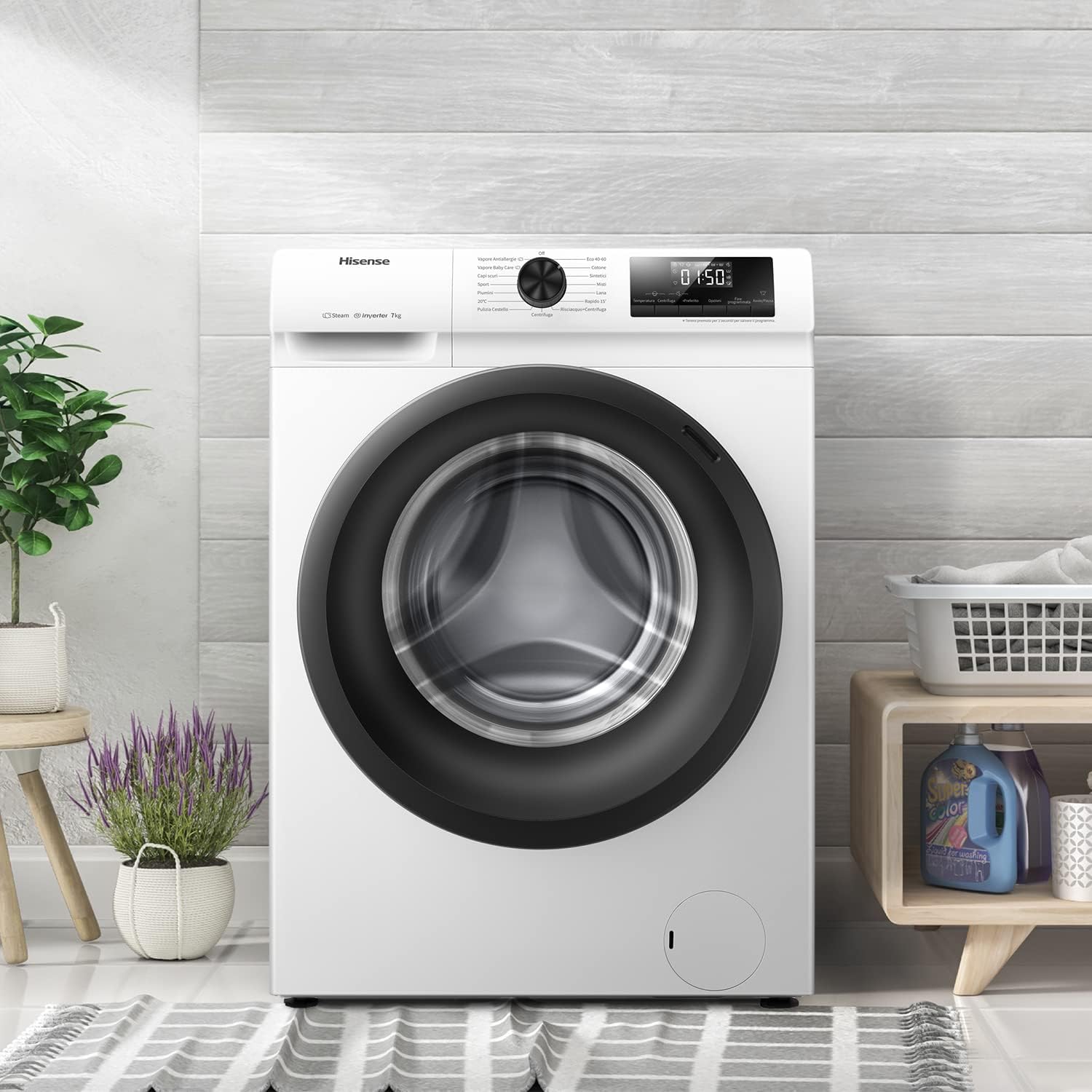 Hisense WFVB7012EM Front Load Washing Machine 7 kg 1200 rpm 15 Programs Steam LED Display Rapid Program Delay Start Child Lock