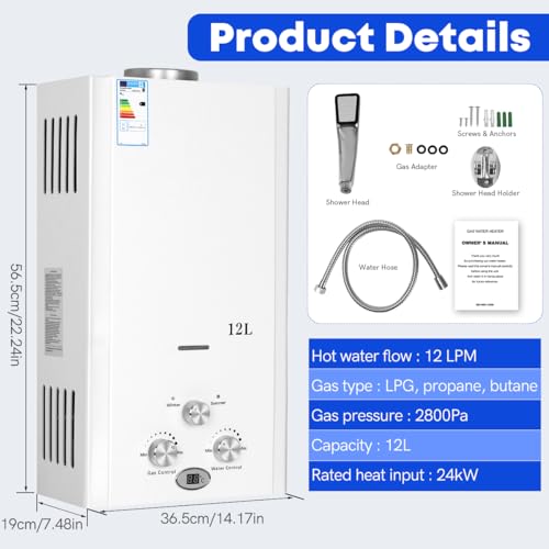 Xverycan Scaldacqua a gas da 12 l, 24 kW, GPL per acqua, propano butano, applicabile, scaldabagno senza serbatoio, per uso domestico, campeggio, roulotte, cabine all'aperto, fienili : Amazon.it: Fai da te