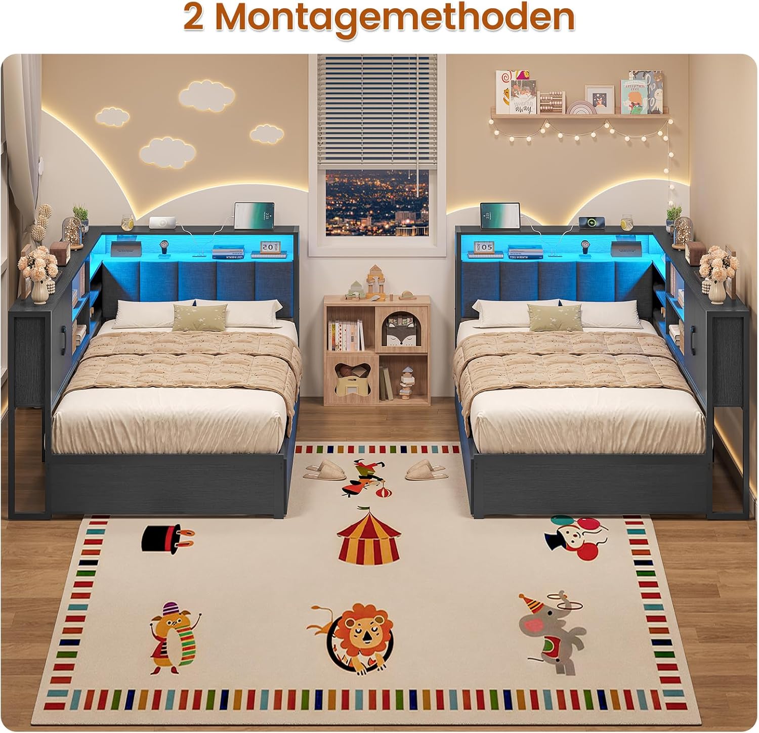 Polsterbett Schlafsofa 90x200 mit LED-Beleuchtung, Ladestation, Tagesbett, Jugendbett mit 2 Schubladen und Lattenrost aus Metall, Kopfteil mit Stauraum, Offene Regale, Schrank, Schwarz