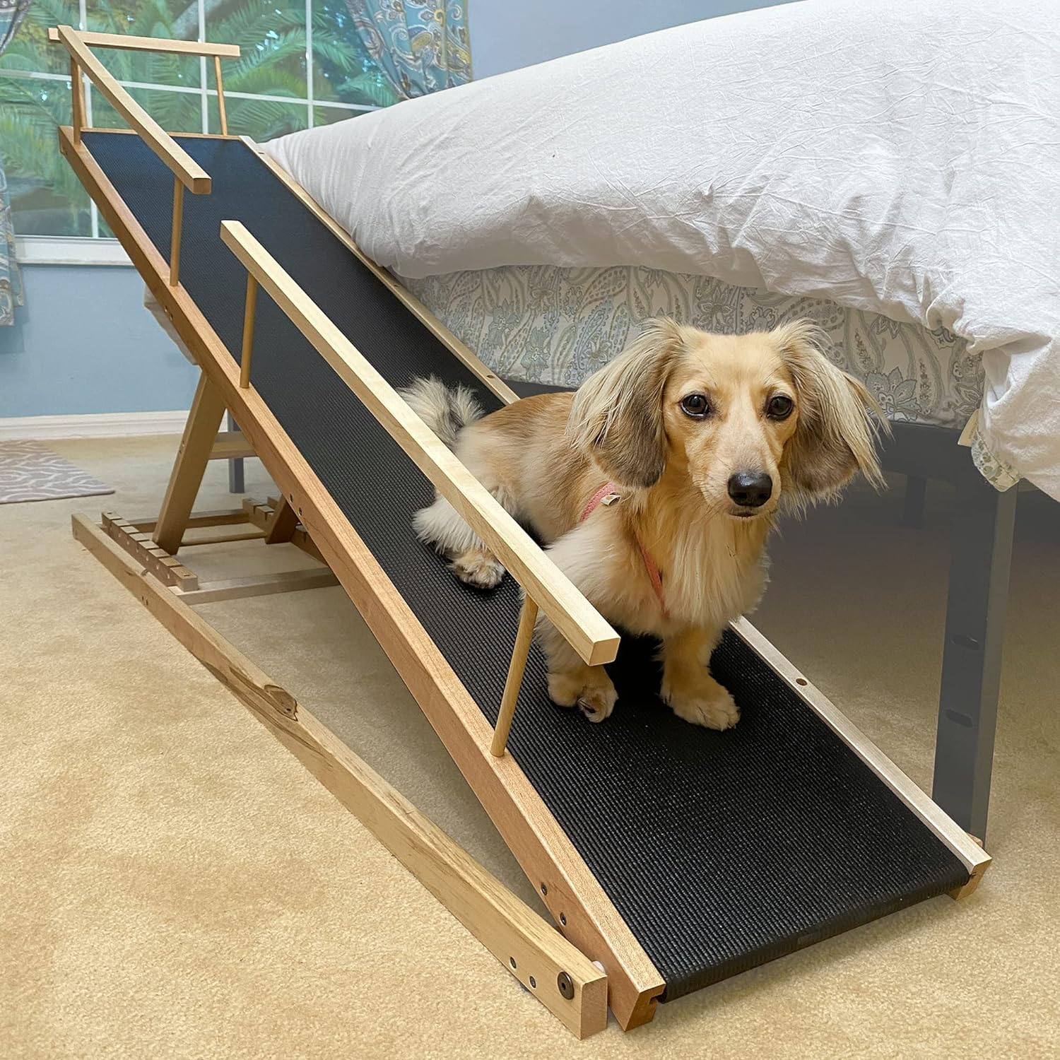 Dog Ramp for Beds – Adjustable up to 37′′ High Beds with Low Incline, Safety Rails & Anti-Slip Grip, for Small Dogs up to 50lbs – Solid Hardwood, Made in North America
