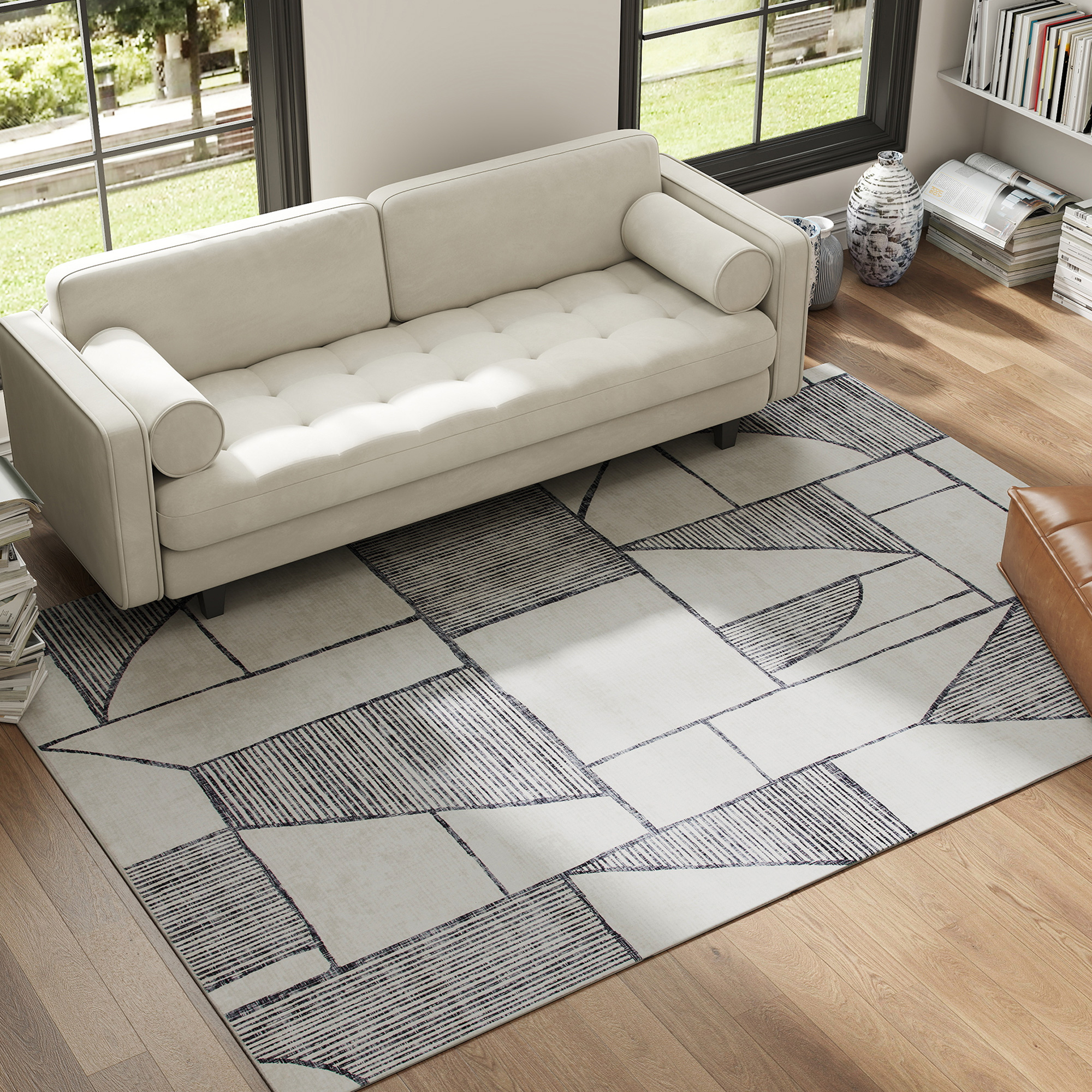 HOMCOM Rutschfester Moderner Teppich mit Geometrischen Linien, aus 100% Polyester, Multicolor, 230x160x0,7 cm