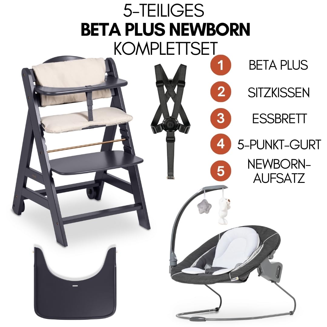 hauck Beta+ Hochstuhl Newborn Set mit Deluxe Bouncer Dark Grey Hochstuhl mit Neugeborenenset und Babywippe