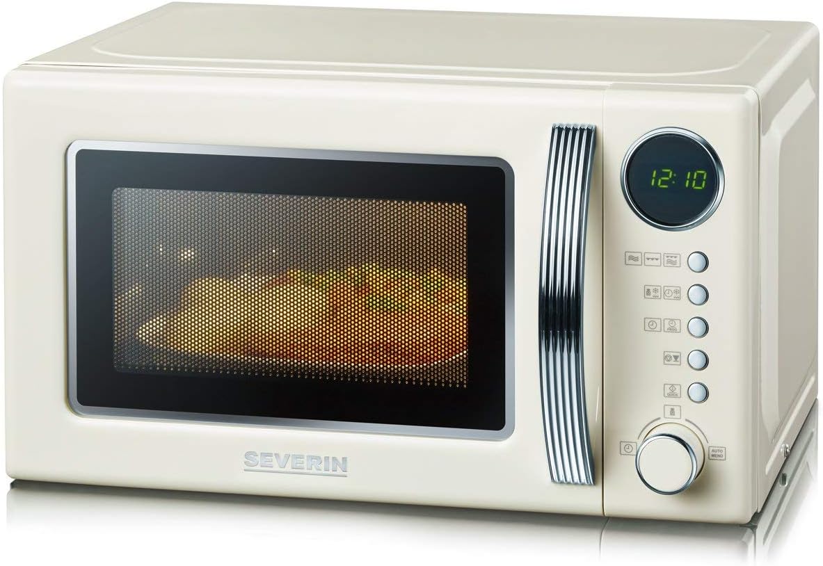 SEVERIN 2-in-1 Retromagnetron met grillfunctie, grilloven met 5 vermogensniveaus en 8 automatische programma's, hoogwaardige magnetron met grill, ca. 700 W, cr��me / chroom, MW 7892