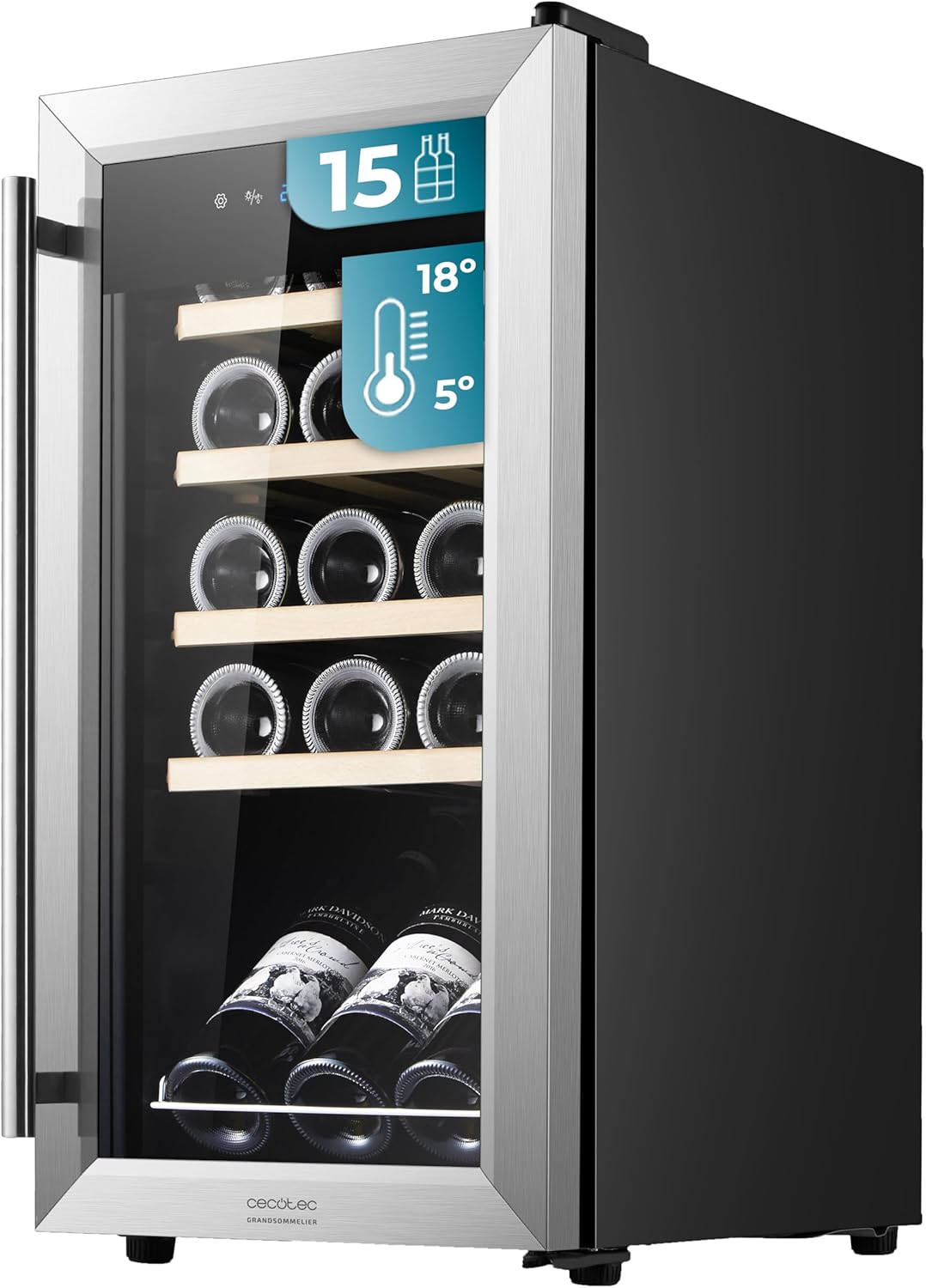 Cecotec 15 Bottles Wine Cellar GrandSommelier 1550 Inox Compressor 15 Bottles, Silent Compressor, Temperature 5-18°C, Touch Panel, Vibration-free, 39 dB