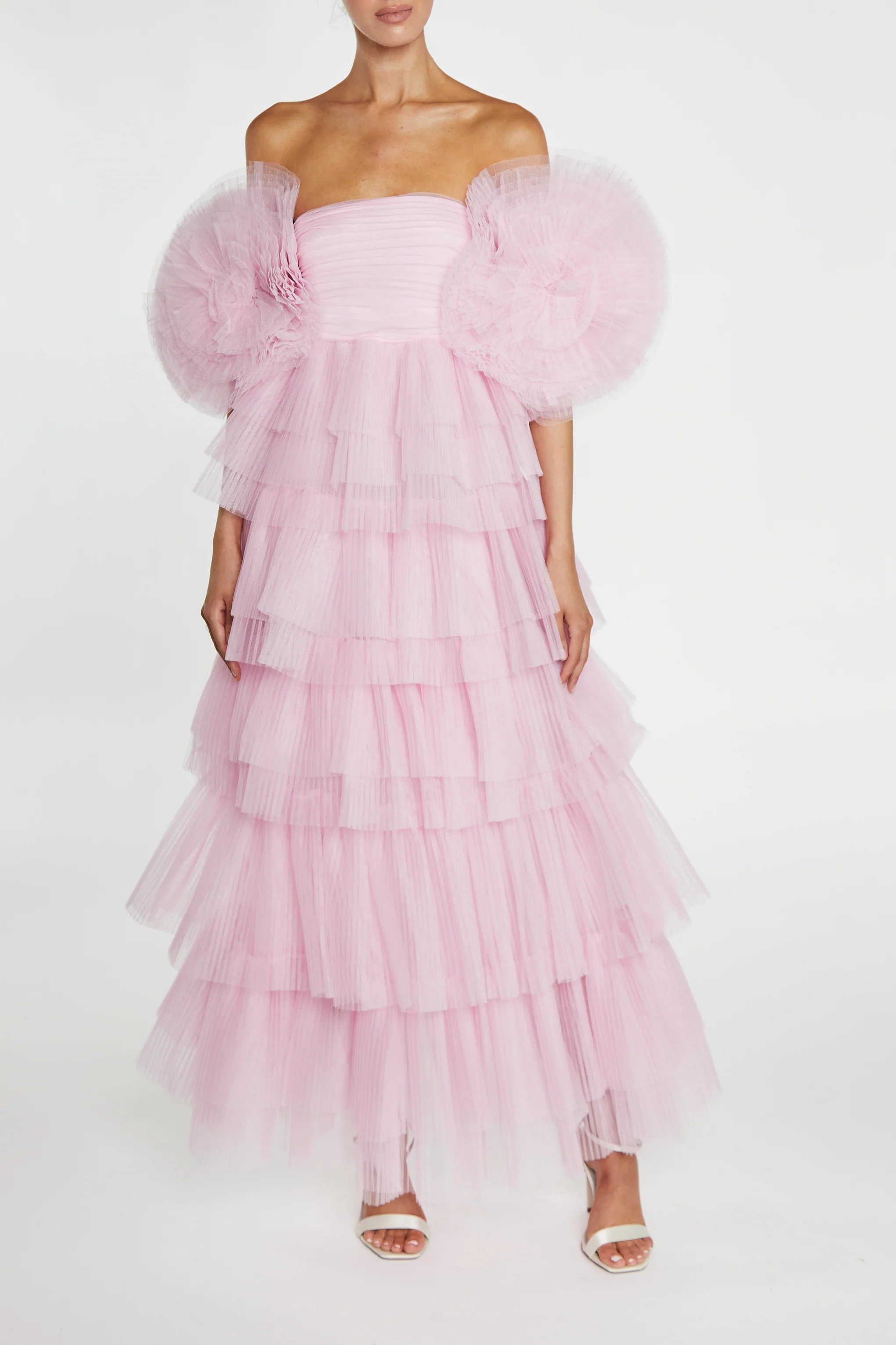 Nancy Powder Pink 3D Floral Sleeve Tiered Maxi Dress