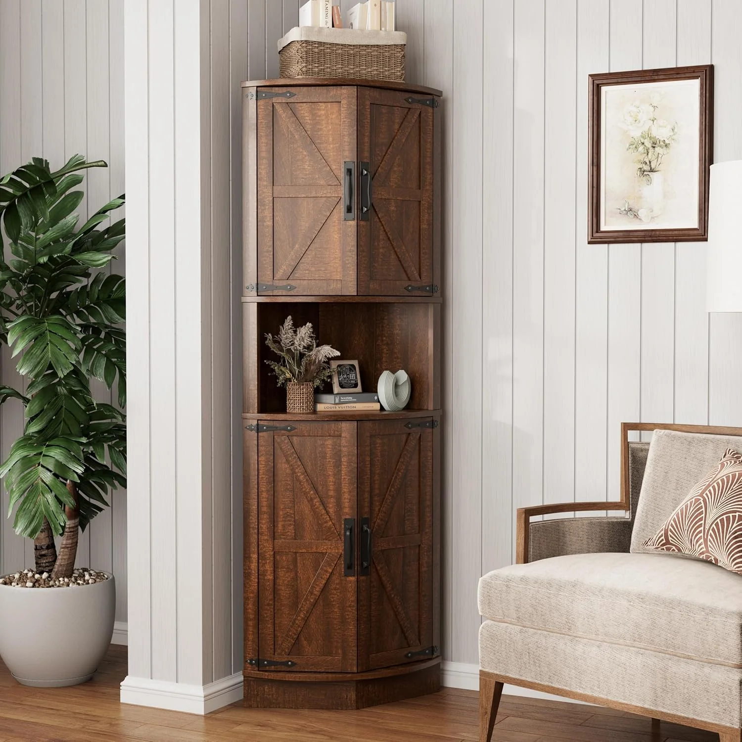 Vabches 64.8 Tall Farmhouse Corner Cabinet Farmhouse Storage Cabinet with Barn Door Design