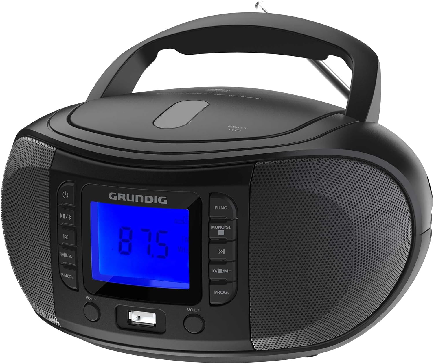 GRUNDIG GRB 3500 Radio Boombox portatile con Bluetooth, lettore CD integrato, porta USB 2.0, jack per cuffie da 3,5 mm, ricevitore FM con sintonizzazione frequenza PLL, 30 stazioni di memoria, nero