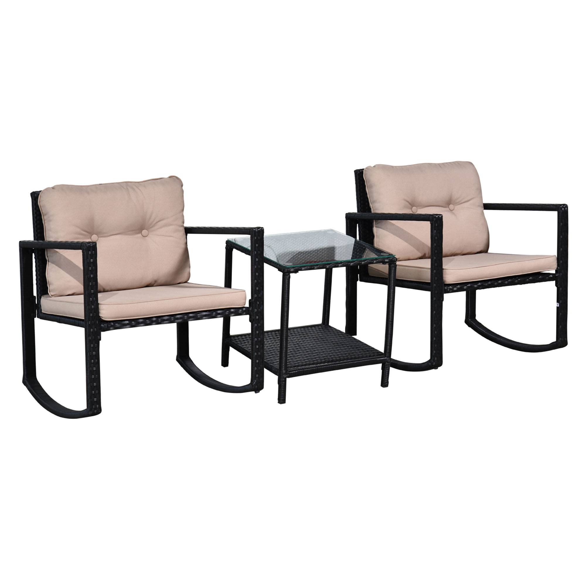 Outsunny 3-teiliges gemütliches Gartenmöbelset 2 Schaukelstühle mit Sitz- und Rückenkissen + Beistelltisch aus gehärtetem Glas Stahlrahmen Kunstharzgeflecht im Rattandesign Schwarz und Braun