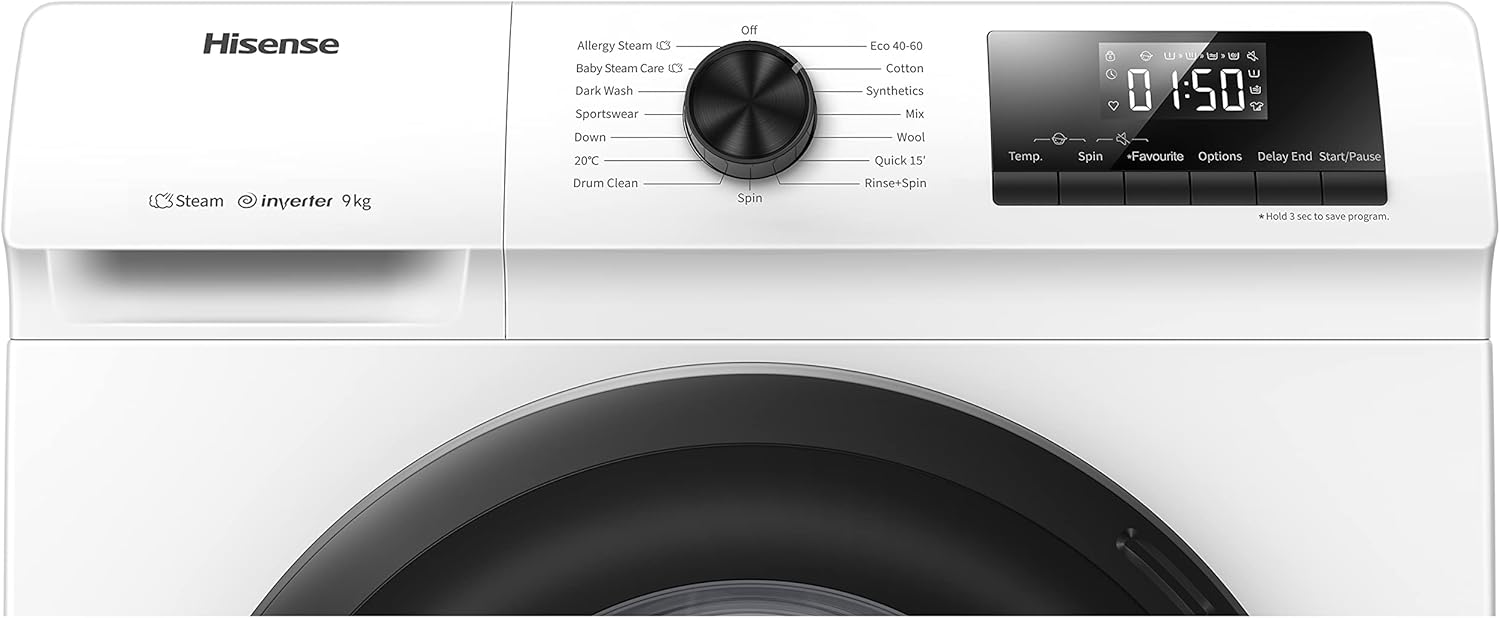 Hisense WFVB7012EM Front Load Washing Machine 7 kg 1200 rpm 15 Programs Steam LED Display Rapid Program Delay Start Child Lock