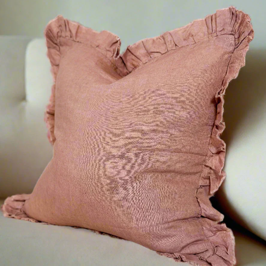 Dusty Pink Ruffled Linen Cushion with Feather Pad �C 45 x 45cm | 100% Stonewashed Linen