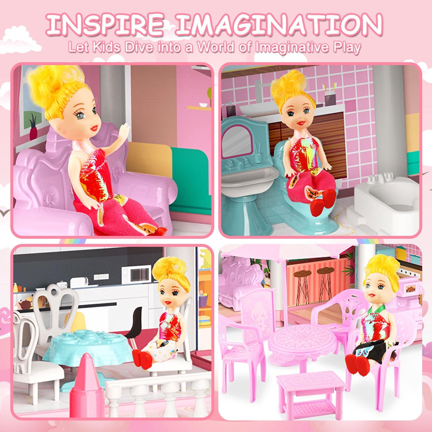 Kid Odyssey Princess Dollhouse with 4 Dolls, 11 Rooms, LED Lights, DIY Gift for Girls 3 , Pink