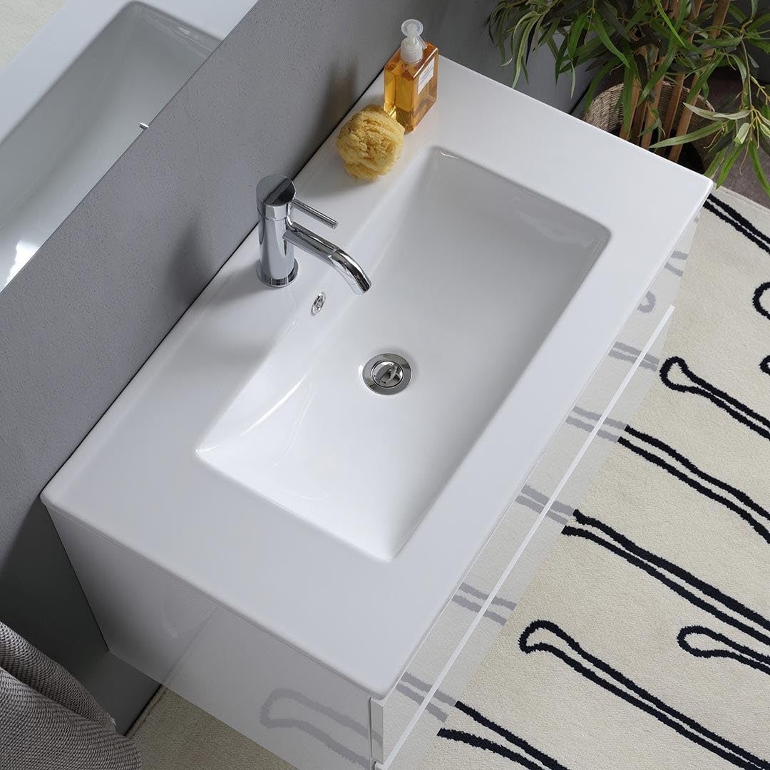Kiamami Valentina - Mobile bagno sospeso bianco lucido 80 cm 2 cassetti, specchio con lampada | Benaco