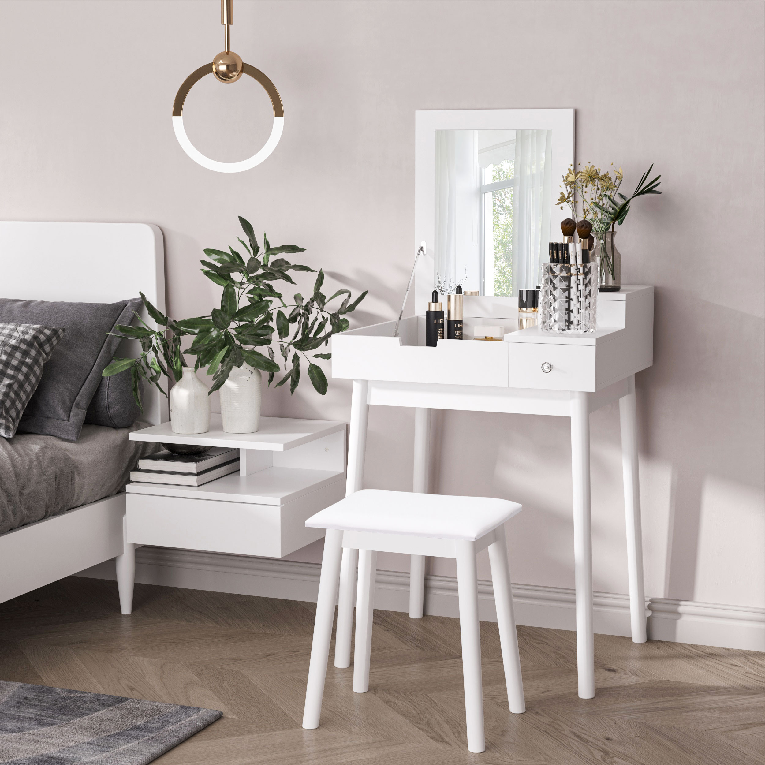 HOMCOM Schminktisch mit Hocker klappbarer Spiegel + 2 Schubladen MDF Massivholz Kiefer Weiß