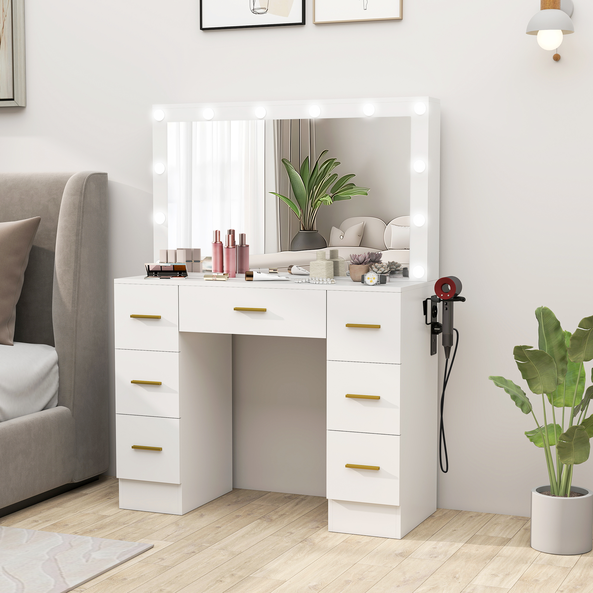 Kaptafel met Spiegel en 12 LED-lampen, Friseurtafel met 7 Lades, 6 Verborgen Opbergvakken, Spaanplaat, Wit