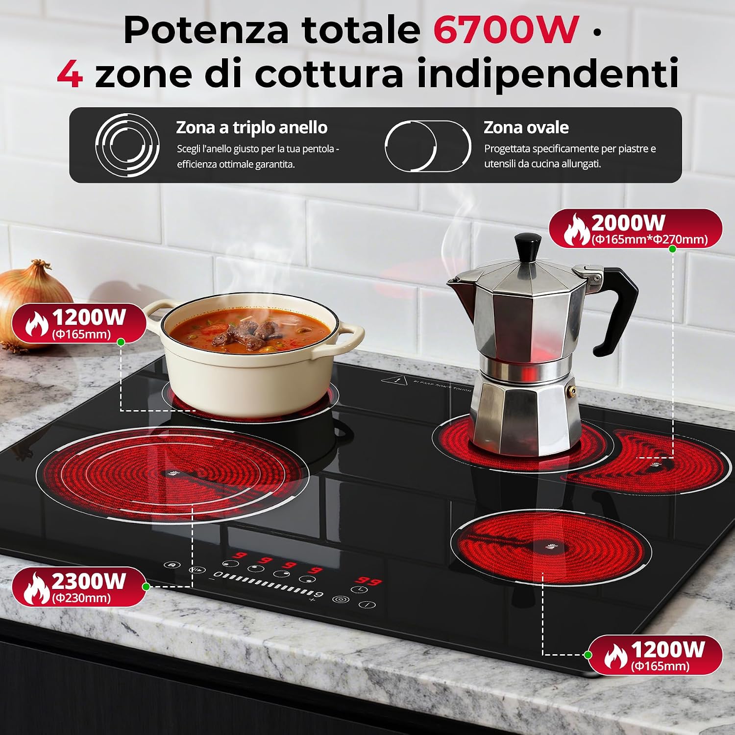 SNDOAS Piano Cottura Vetroceramica 4 Fuochi, 6700W, Zona Ovale & a 3 Anelli