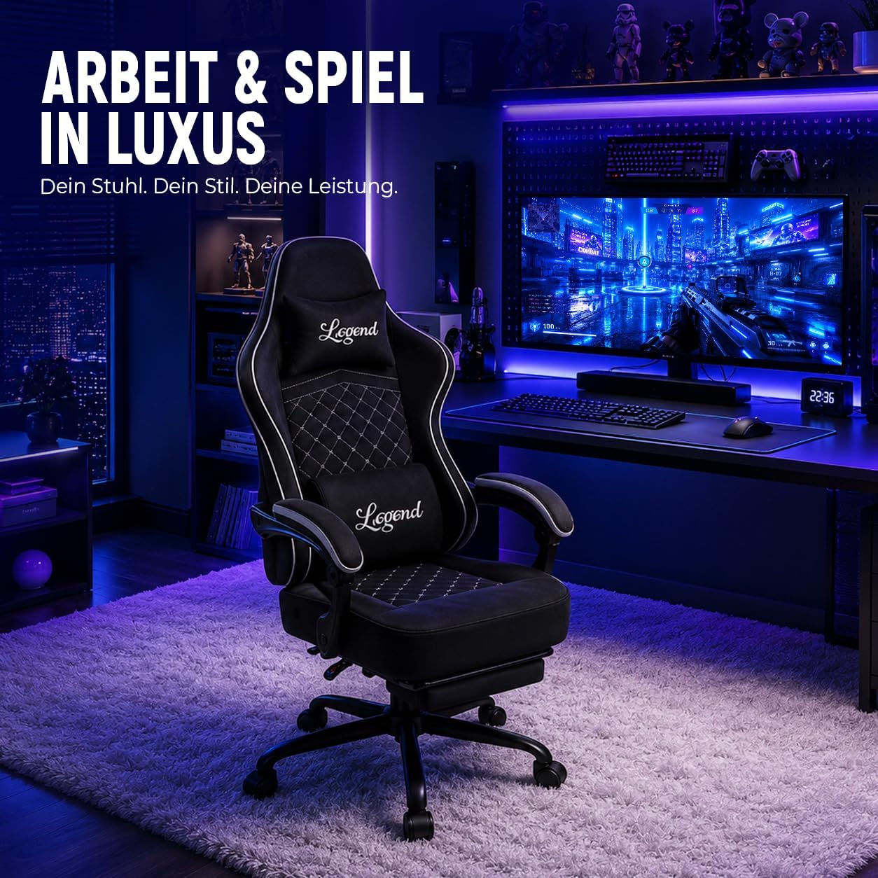 Gamingstuhl mit Taschenfeder-Sitzkissen, verstellbarer Rückenlehne und Fußstütze