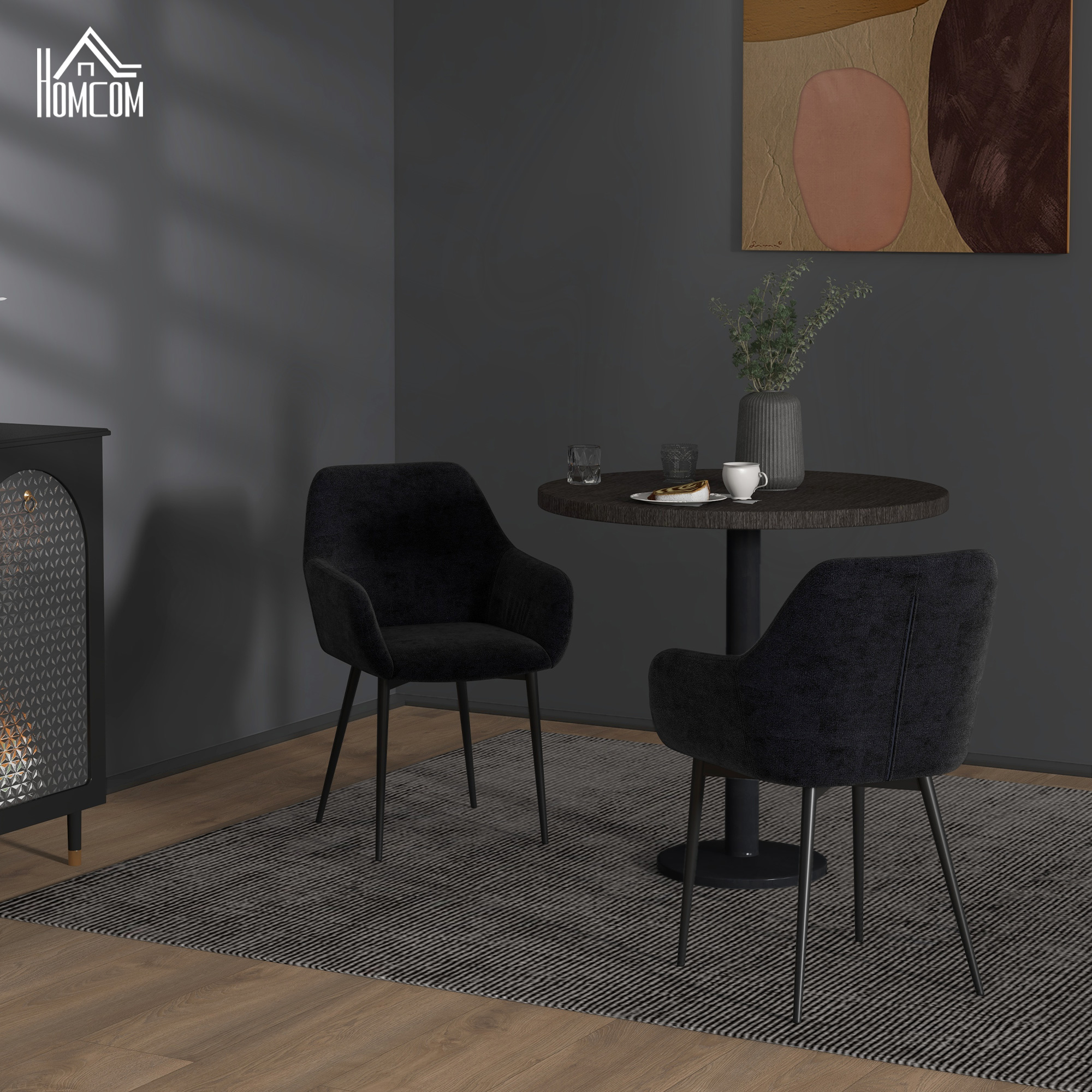 HOMCOM Set 2 Moderne Esszimmerstühle mit Armlehnen, Gepolsterte Sitzfläche und Stahlbeine, 54x57x80cm, Schwarz