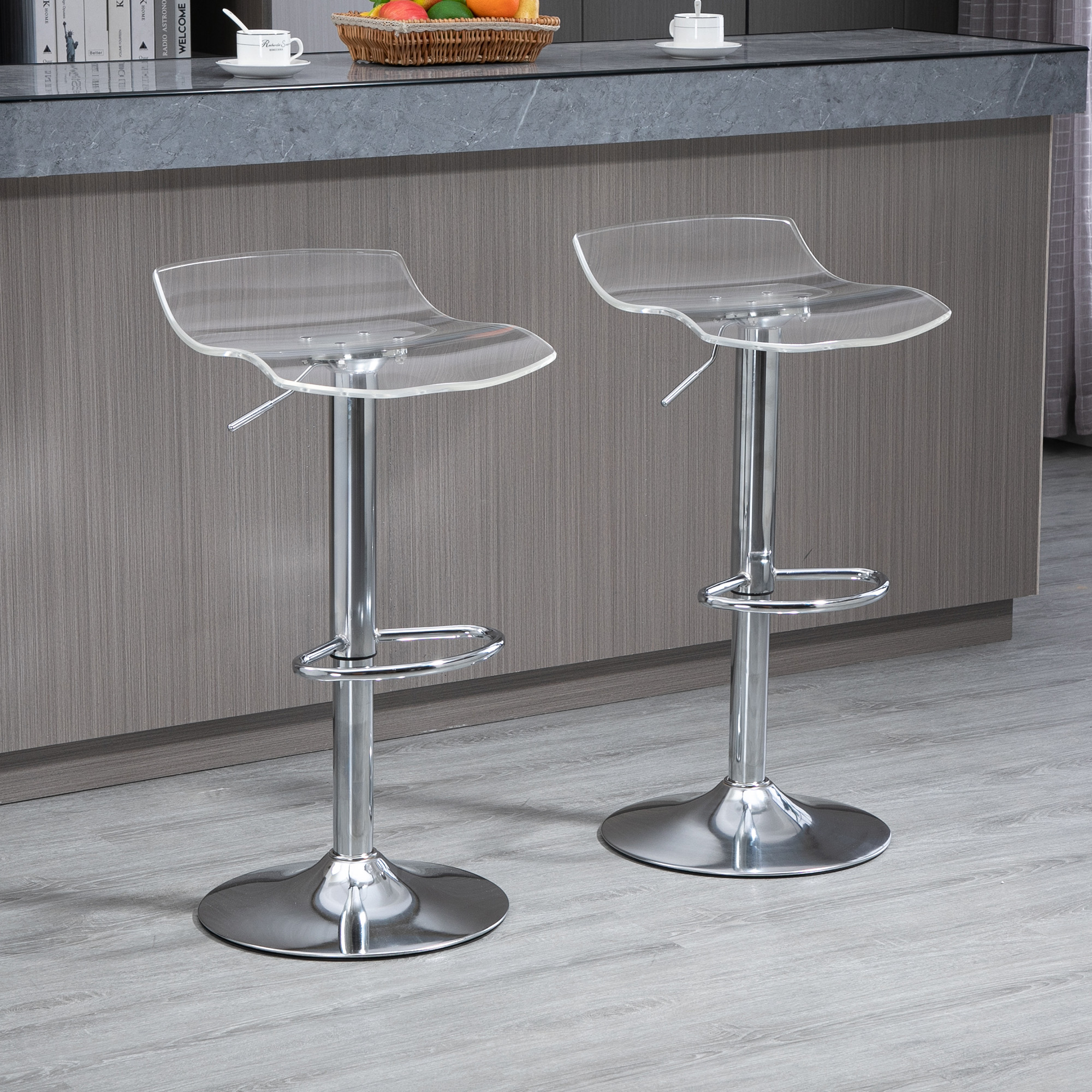 HOMCOM Set mit 2 zeitgenössischen Design-Barhockern, transparente Acryl-Sitzfläche und verchromtes Metallgestell - 360° drehbar - höhenverstellbar mit Fußstützen - transparent