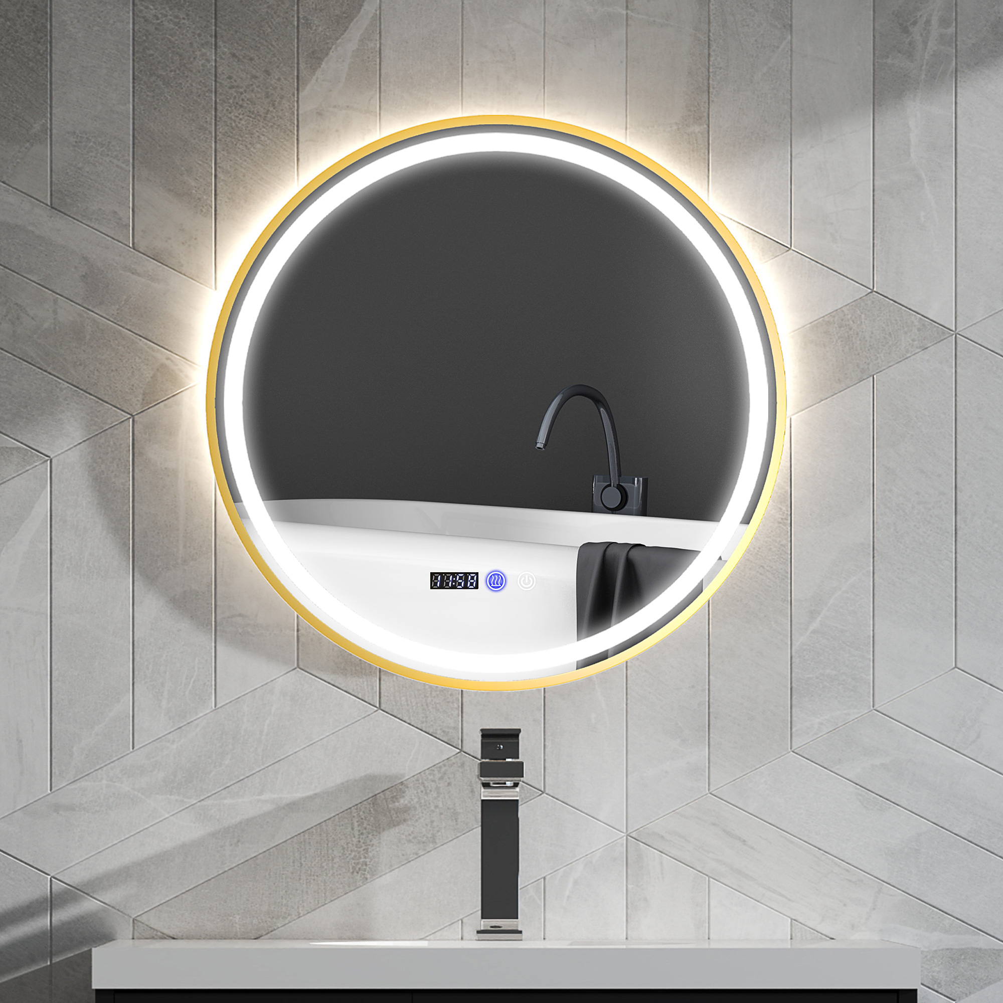 HOMCOM Runder Badezimmerspiegel mit LED-Lichtern, Badspiegel mit Anti-Beschlag-Funktion, Touch-Bedienung, Display