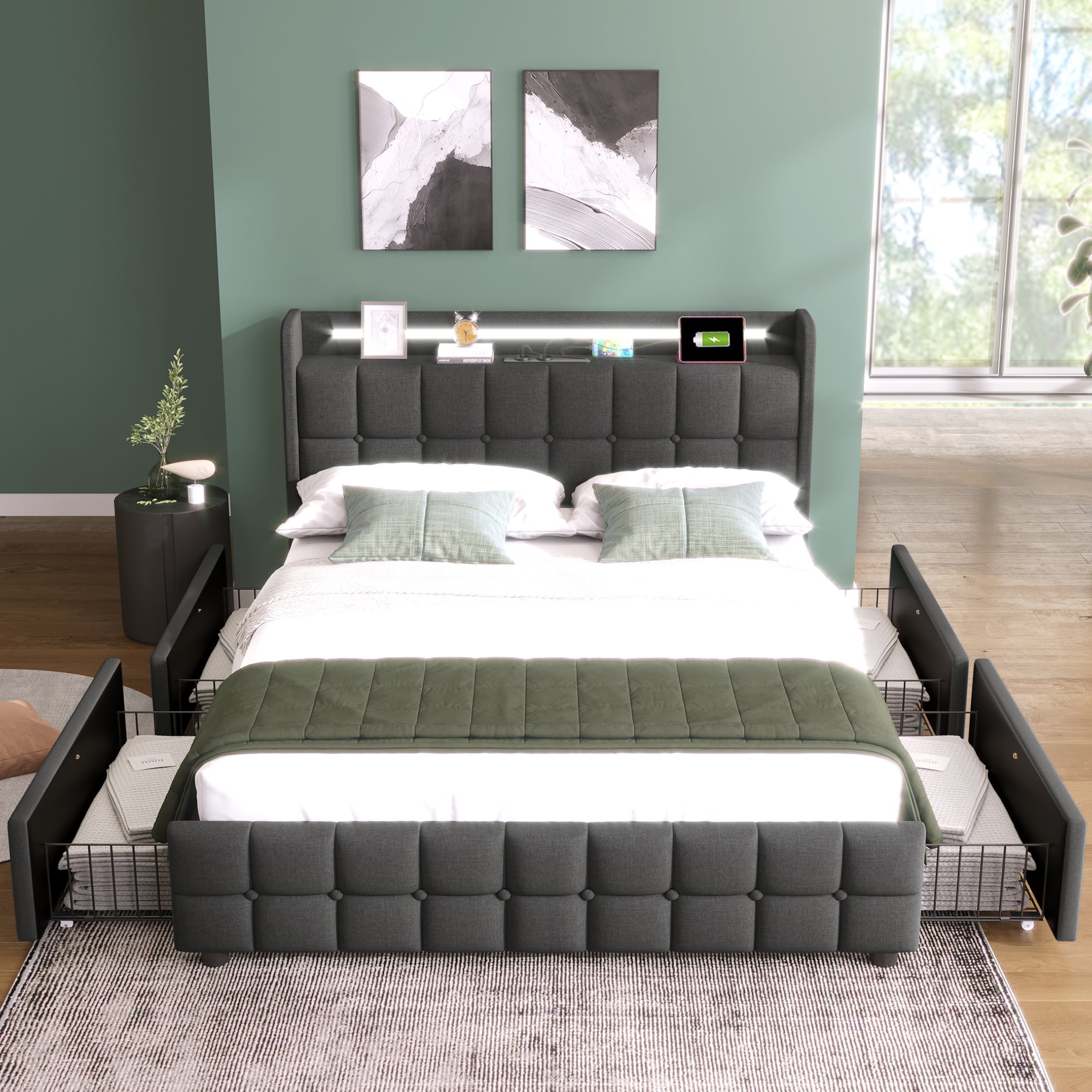 Doppelbett 140x200 mit LED-Beleuchtung und USB-Ladegerät, viel Stauraum, Holzrahmen, modernes Design fürs Bettzimmer, grau