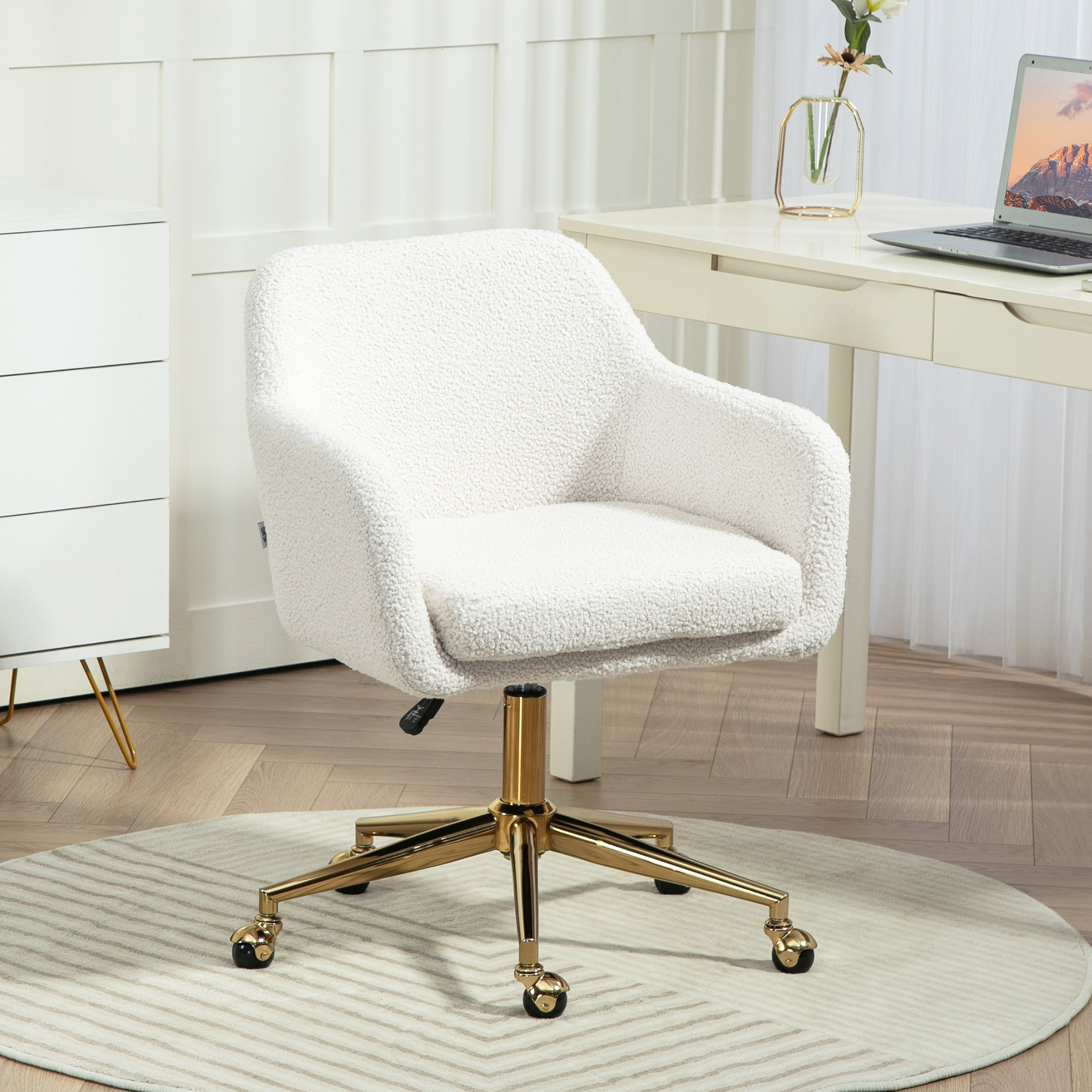 HOMCOM Homeoffice-Stuhl, höhenverstellbarer Bürostuhl mit Rollen, Samtartiger Bezug, Metallbasis, Cremeweiß