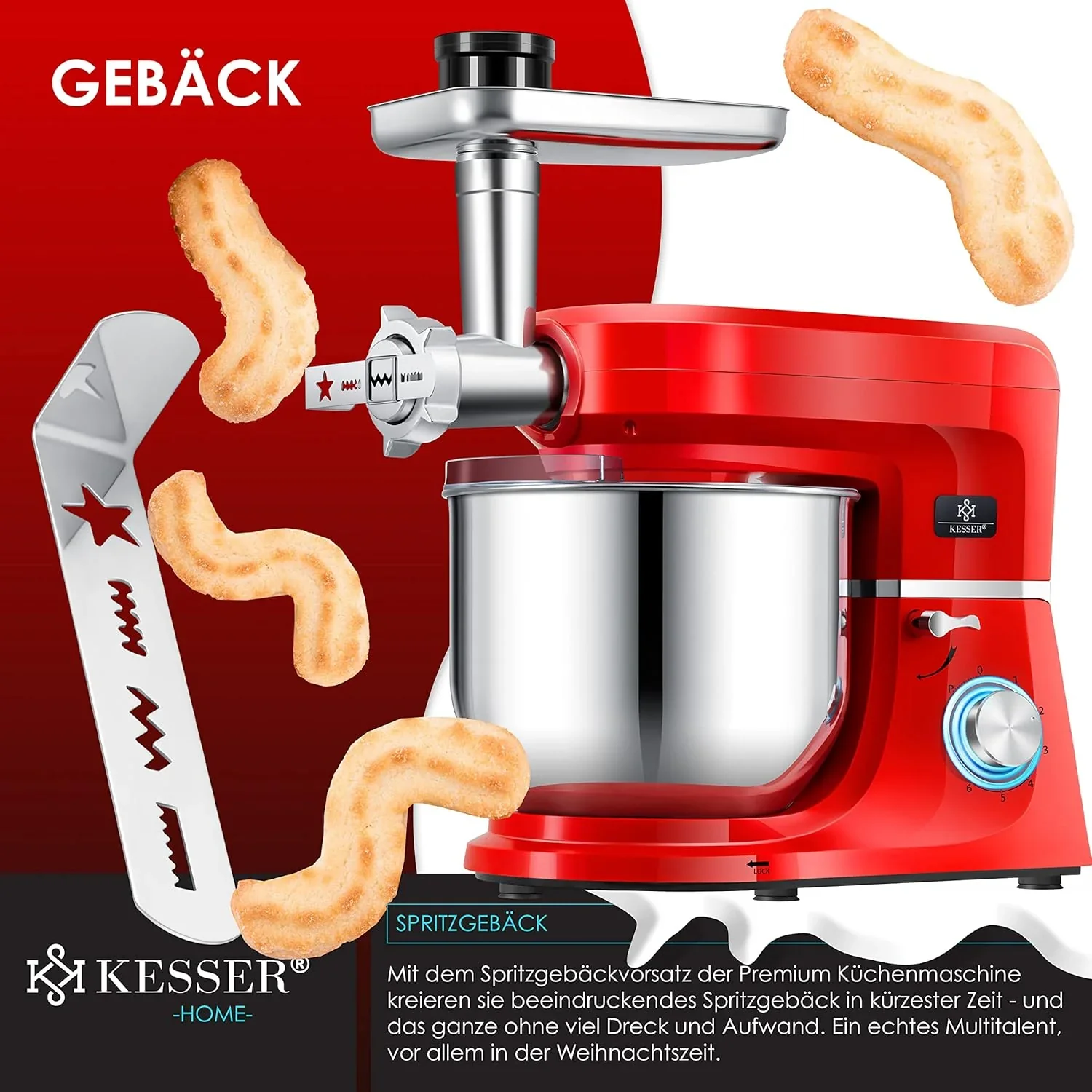 KESSER? 3 in 1 Universal K��chenmaschine K-KM 3000 mit Fleischwolf Knetmaschine Multifunktionale R��hrmaschine 5,5L Sch��ssel mit 3 R��hrwerkzeuge, 1,5L Entsafter, Zubeh?r-Set, Pasta & Geb?ckformen