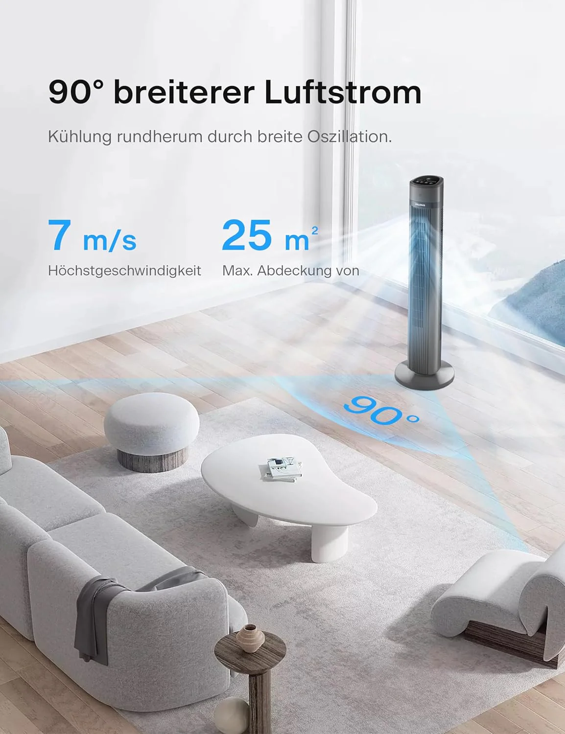 PELONIS Luchtkoeler met waterkoeling, Mobiele airconditioning, 5L Ventilator met waterkoeling, Luchtbevochtiger met afstandsbediening, 355m3/u Airconditioner zonder afvoerslang