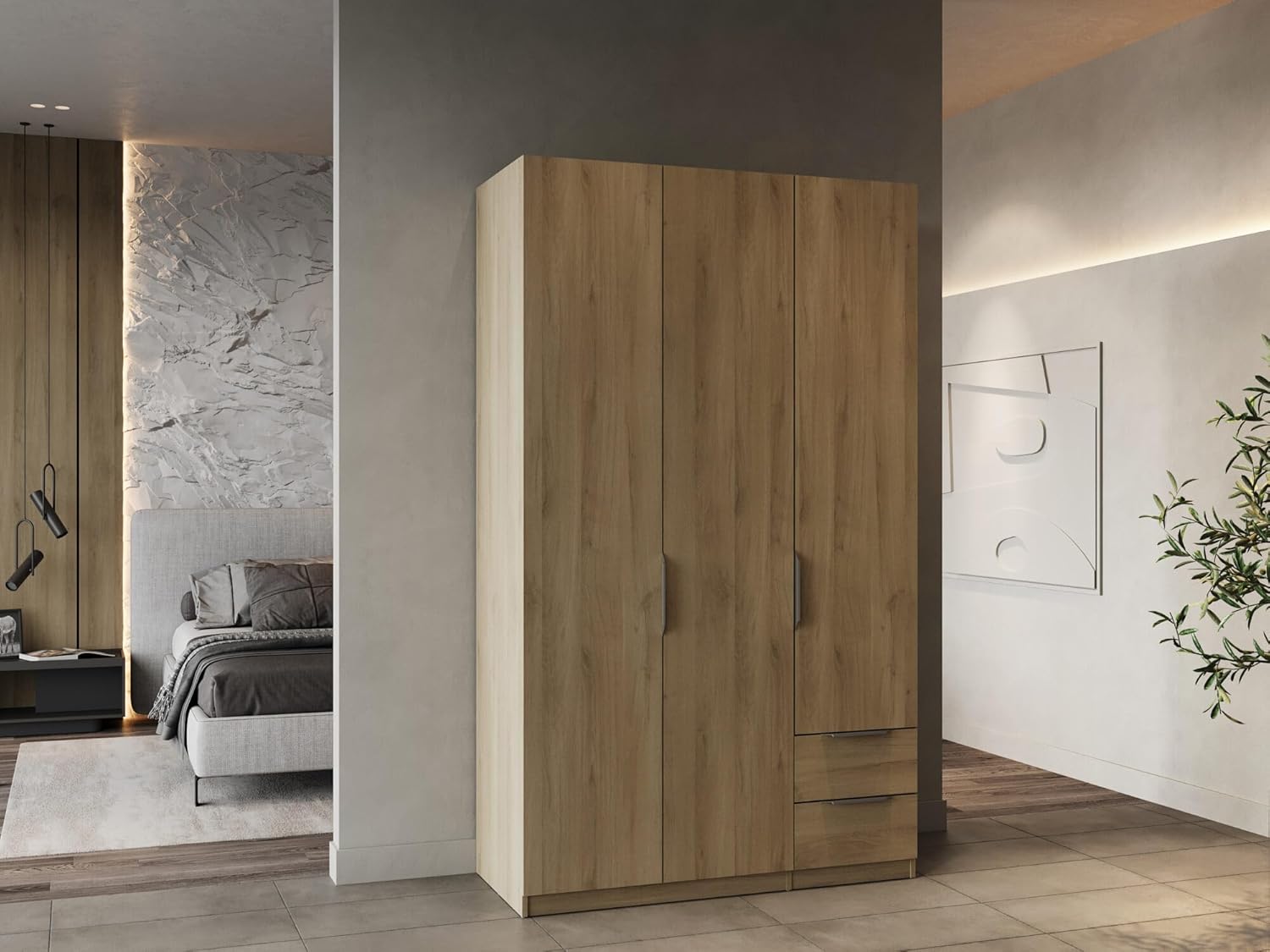 Demeyere Modern Wardrobe with 3 Doors and 2 Drawers 4 Niches, Kronberg Oak, 119.4 x 51 x 203 cm, Engineered Wood