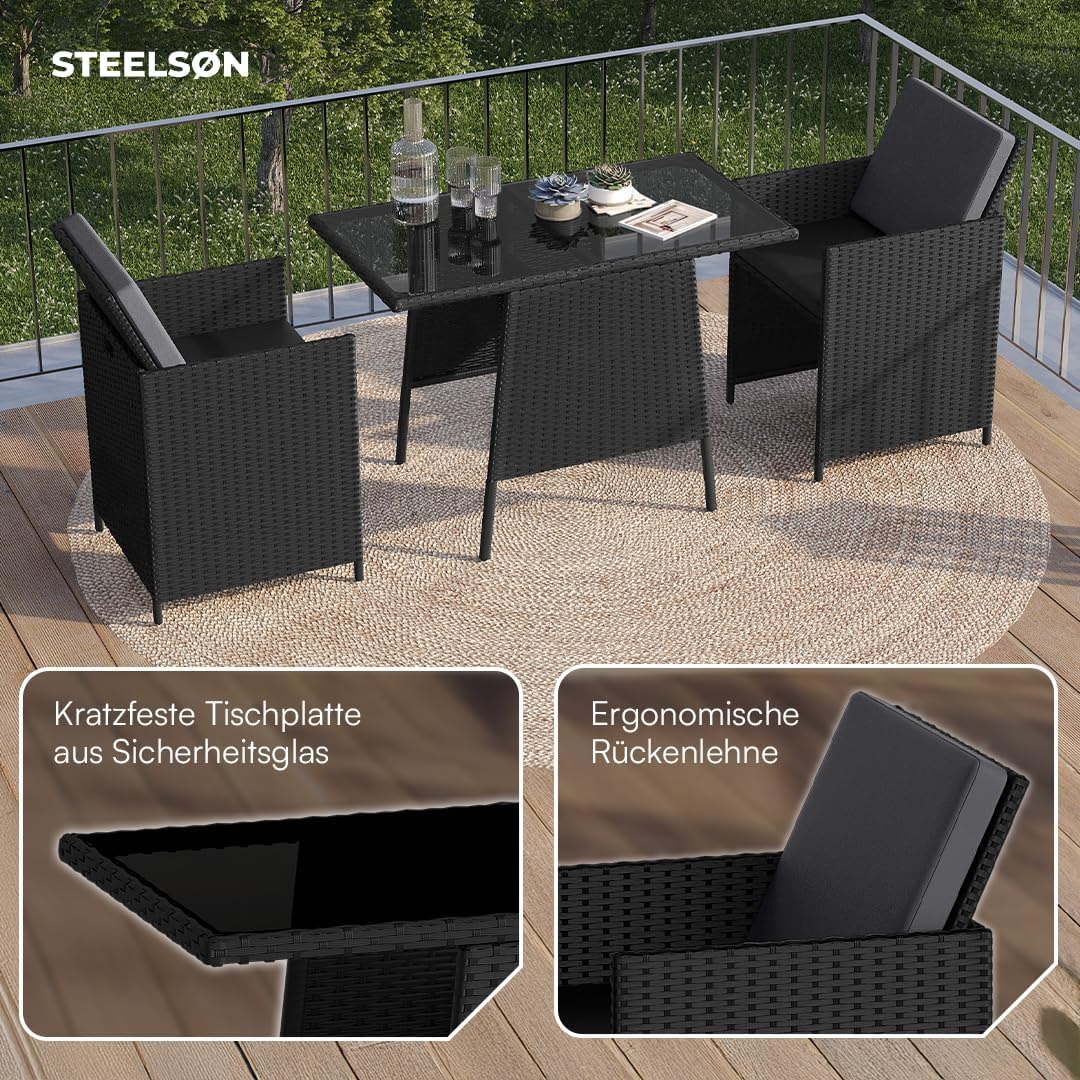 STEELSØN 3-TLG Garten-Essgruppe Xenara, Esstisch mit 2 Stühlen, Gartenmöbel Sitzgruppe Polyrattan mit Kissen, Gartenlounge, Balkomöbel Set, schwarz