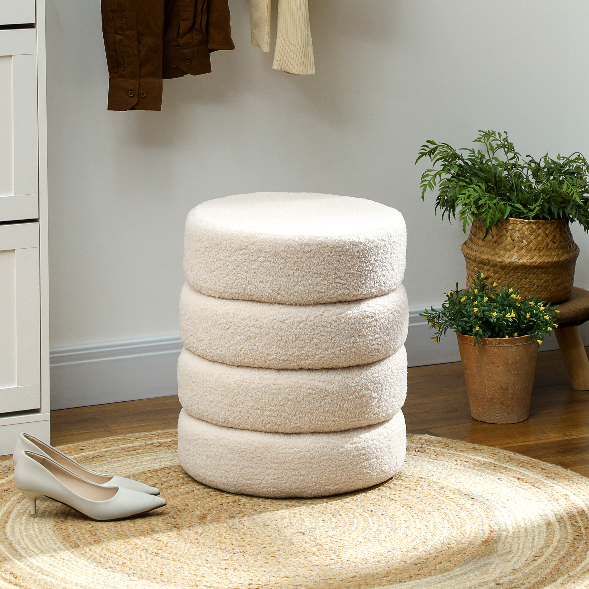 HOMCOM Hocker, rund, Teddyfleece, Metallgestell, bis 120kg, Φ40x45H cm, Beige