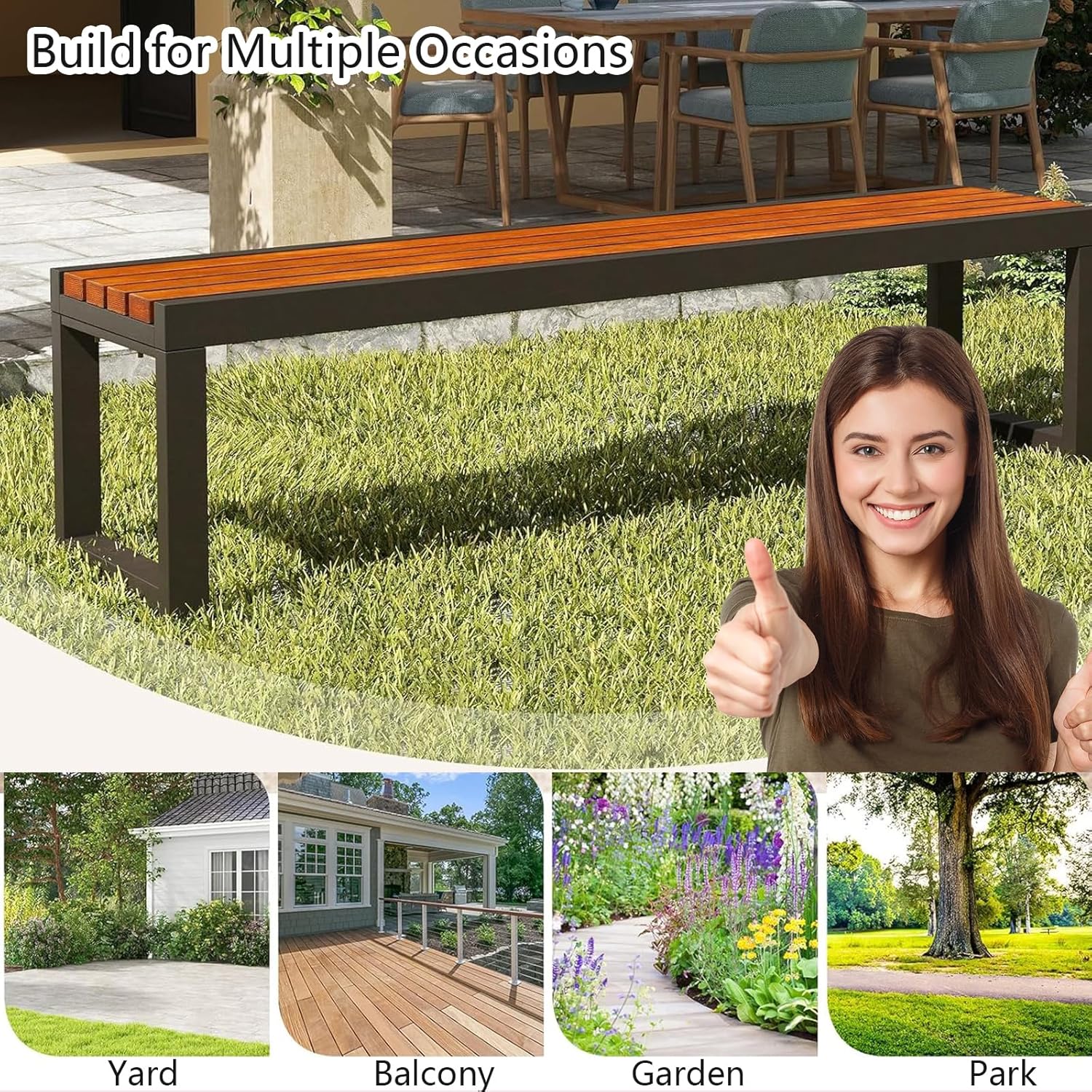 Metal Garden Bench, Backless Patio Benches, Outdoor Patio Benches, Weatherproof Metal Frame and Solid Wood Seat Length 150cm