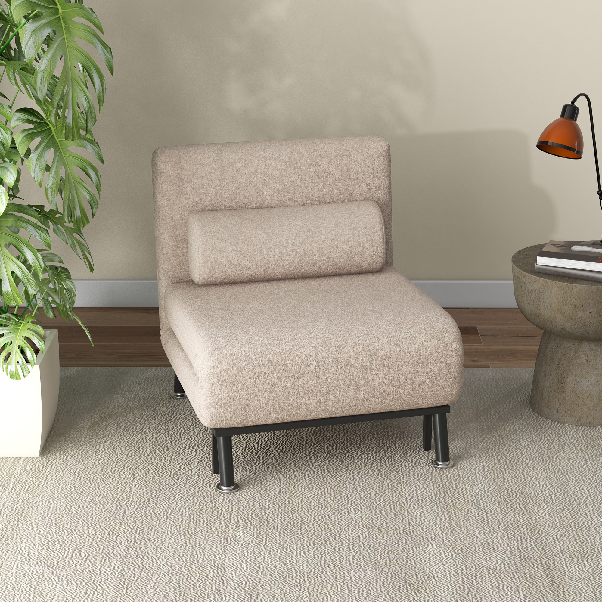 Opklapbare Stoel met Slaapfunctie, Opvouwbare Relaxstoel in Linnenlook, Verstelbare Rugleuning, 75 x 70 x 75 cm, Beige