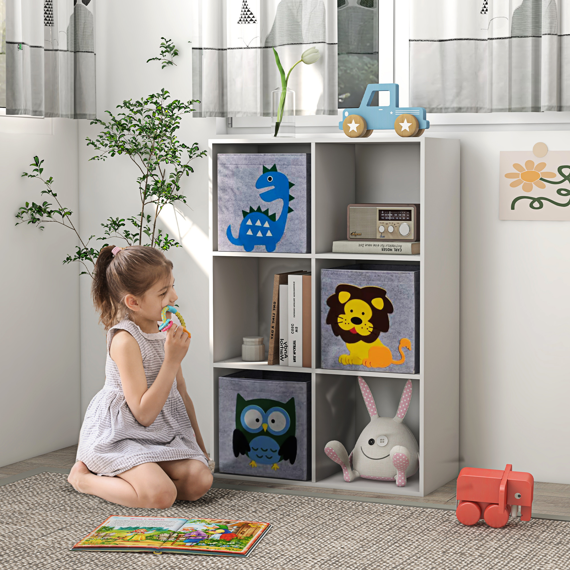 ZONEKIZ Kinderregal Bibliothek 6 Fächer 3 Würfel Stoffkörbe mit Tiermotiven für Kinderzimmer 62 x 30 x 91,5 cm weiß