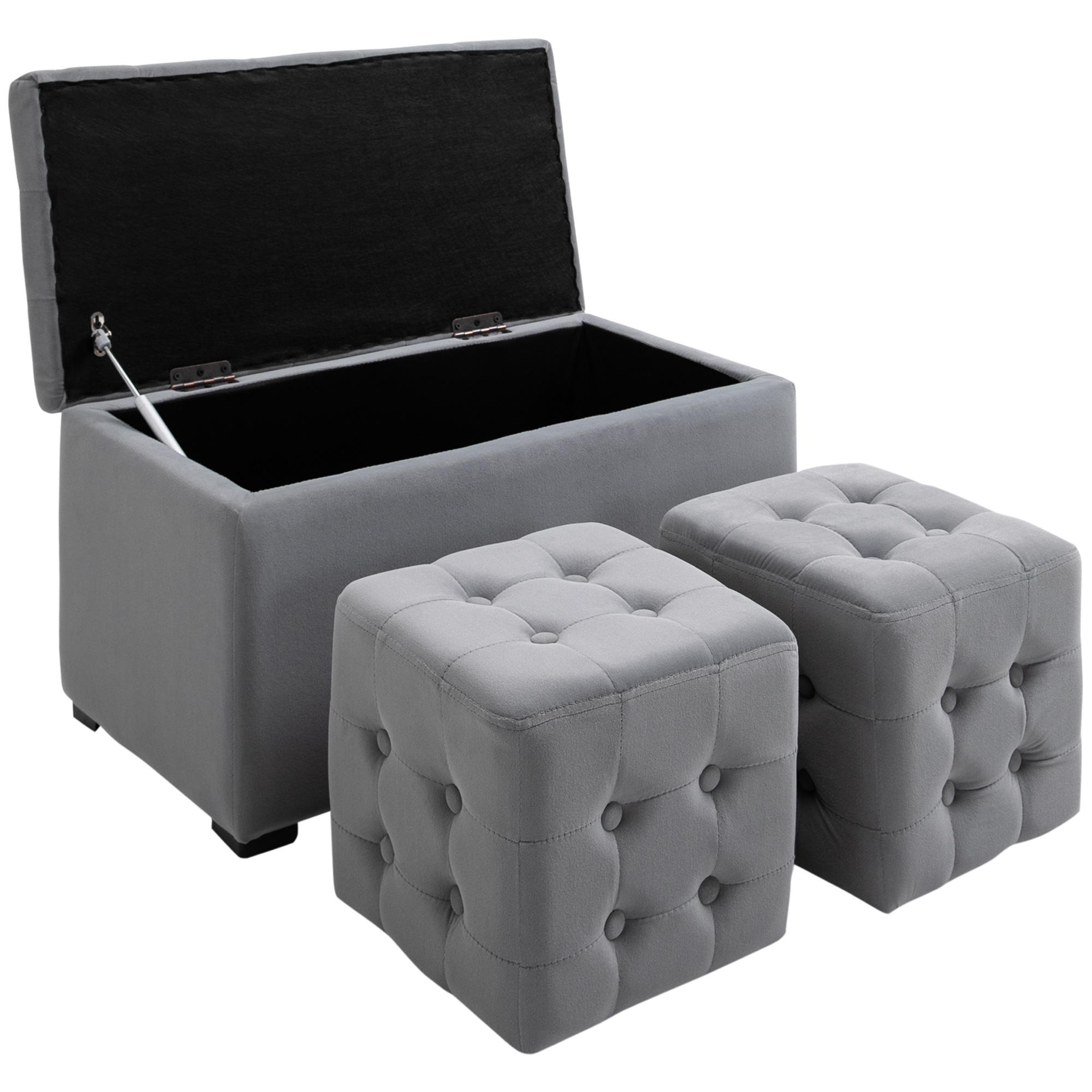 HOMCOM 3-teiliges Set mit Stauraum, 2 x Sitzhocker, Polster-Sitztruhe, Fußhocker, Aufbewahrungsbox, Fußablage, belastbar bis 130 kg, Mikrofaserstoff, Schaumstoff, 75 x 40 x 42 cm, Hellgrau