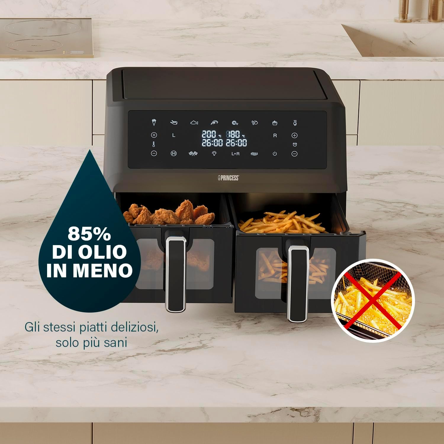 Princess XXL Friggitrice senza olio con doppio cestello - 11 L - Senza BPA e PFAS - Fine cottura sincronizzato - 8 programmi - Finestra di visualizzazione - 2400 W - 2x5,5 L - 182276