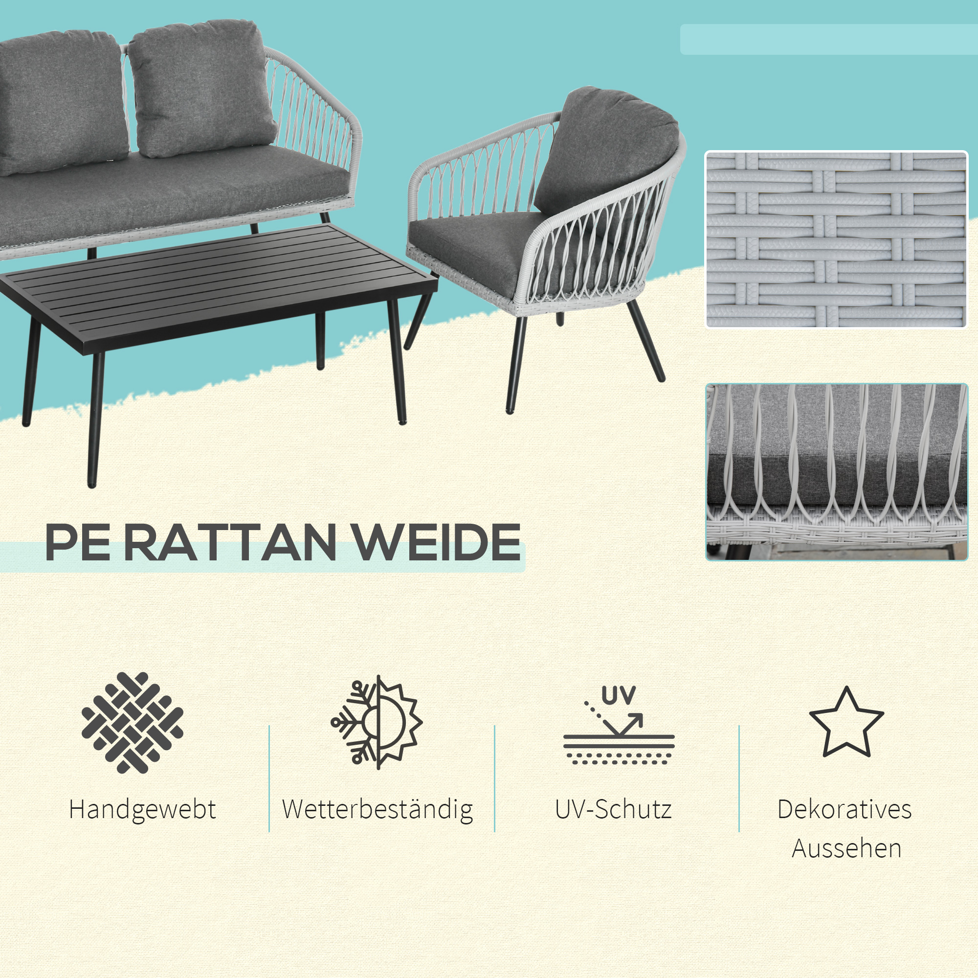 4-delige poly rotan tuinmeubelset grijs