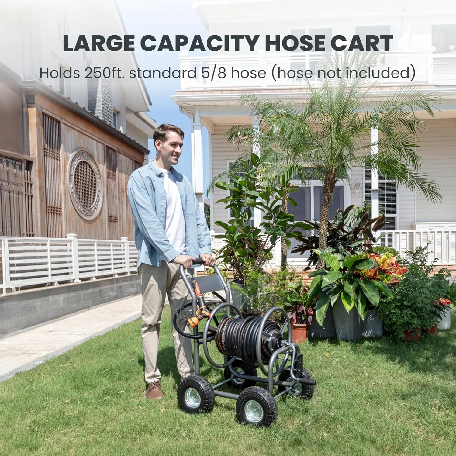 Giraffe Tools Heavy Duty Industrial Garden Hose Reel Cart with Wheels, 5/8in-250ft Hose Capacity