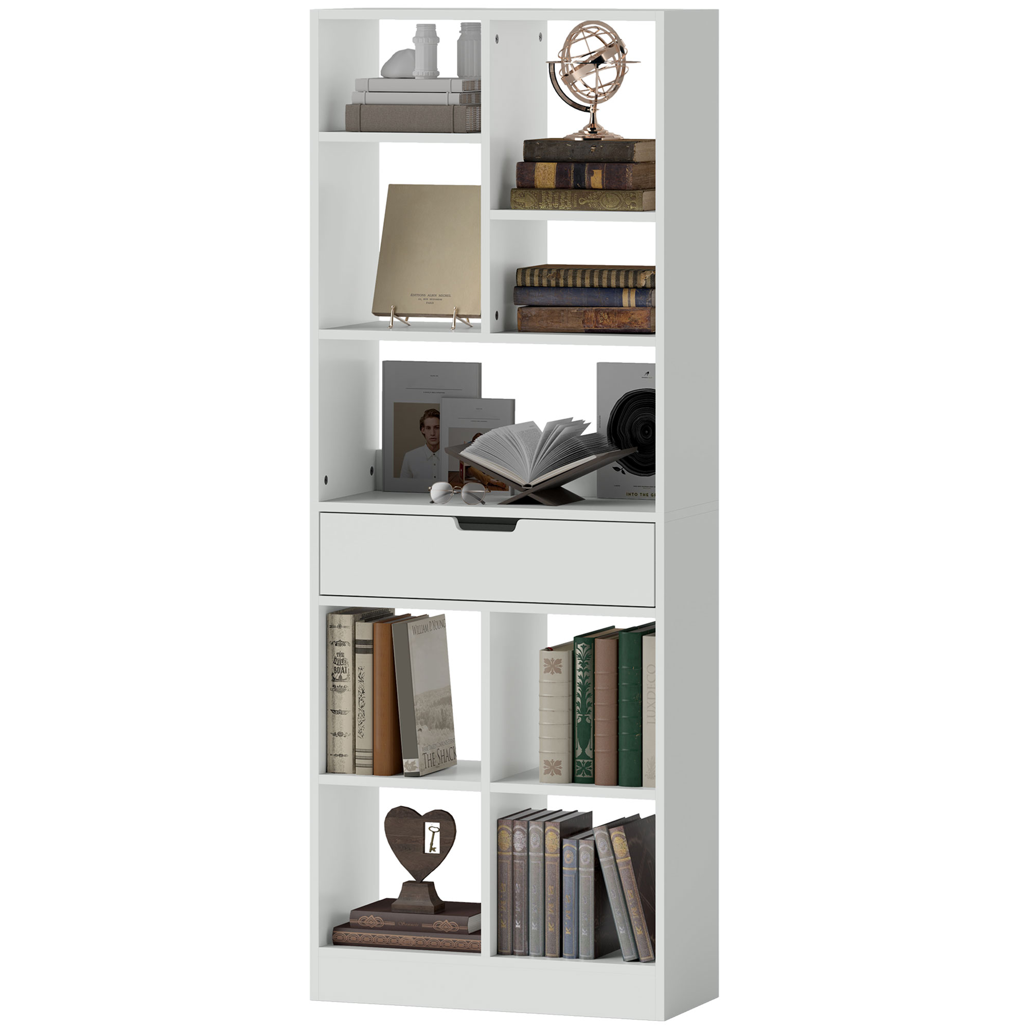 HOMCOM Bücherregal, Mehrzweckregal, 9 Fächer, Schublade, Kippschutz, 60 x 26 x 158 cm, Weiß