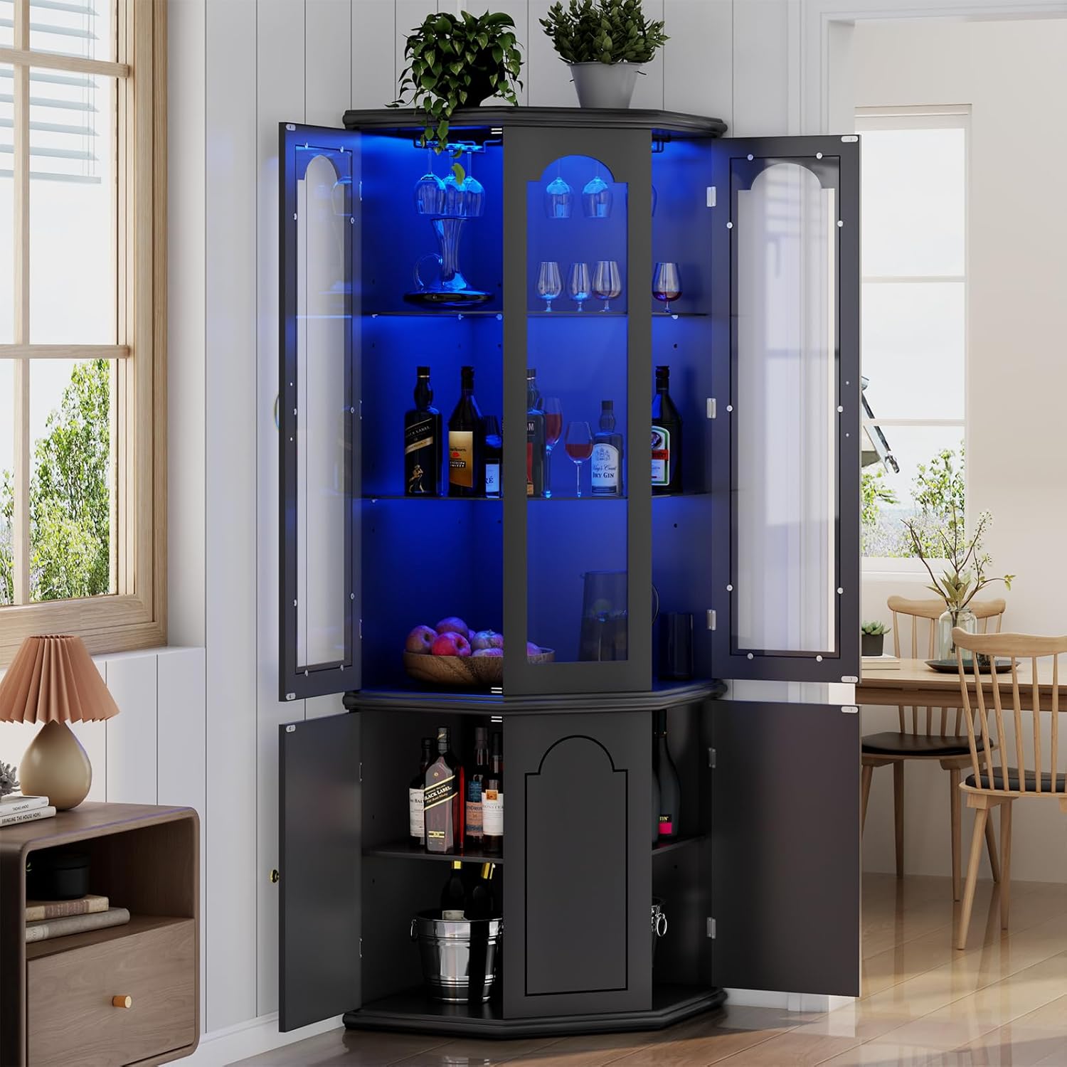 Corner Bar Cabinet with LED Lights, Glass Door, Black