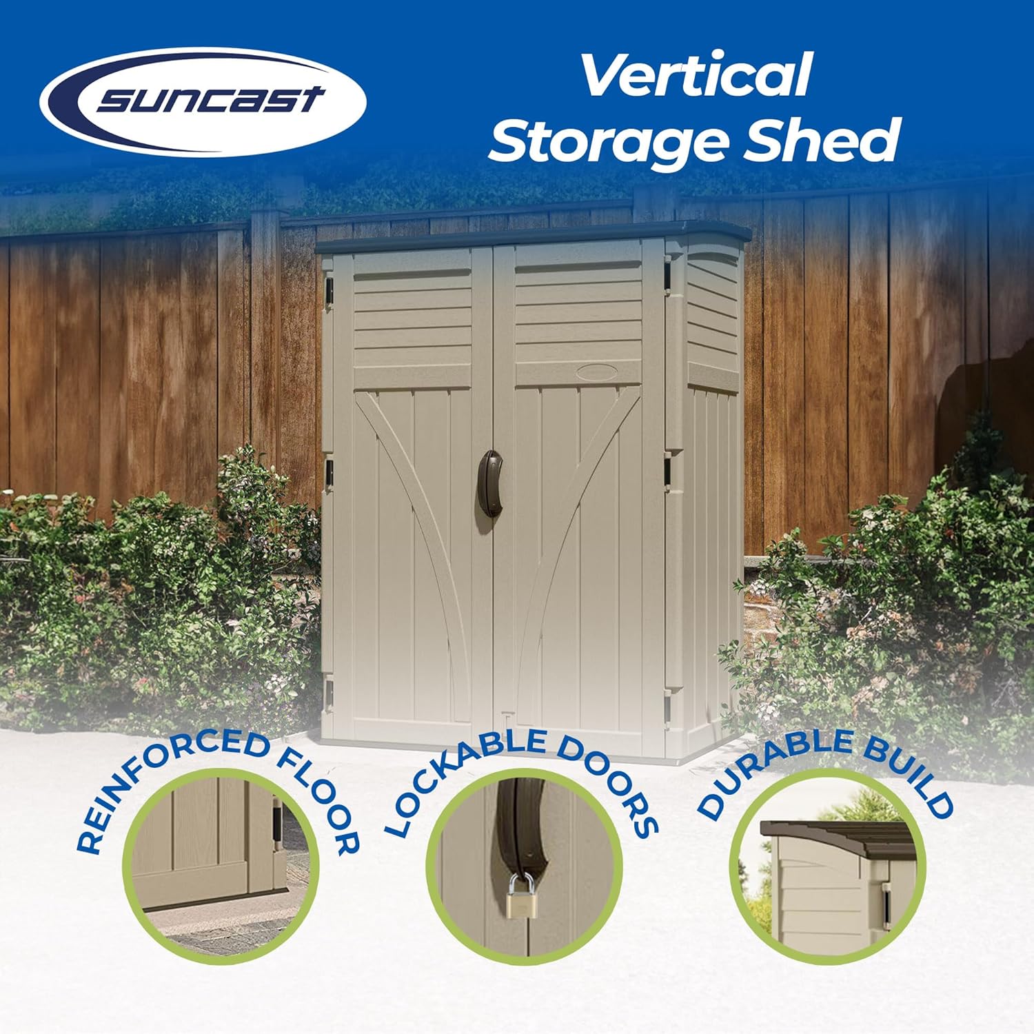 Suncast Outdoor Storage Shed  Water Resistant Resin Vertical Outdoor Storage Cabinet for Patio  Garden Tools  Cushions  & Equipment  Weatherproof Multi-Wall Design  54 cu. ft.  Made in USA