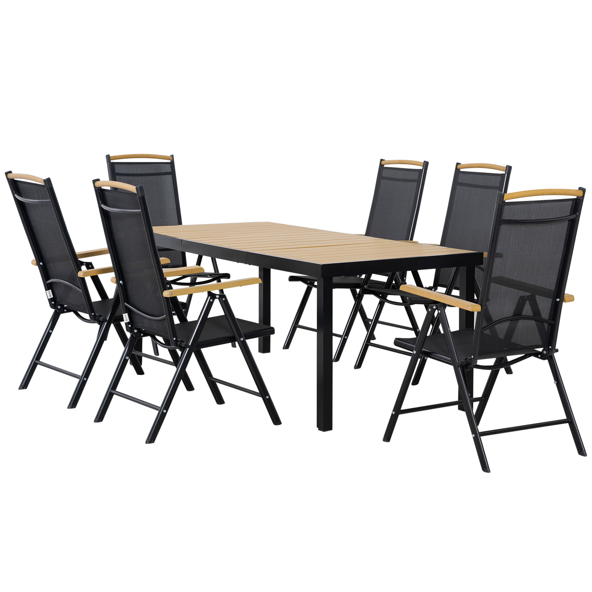 Outsunny Outdoor Gartenmöbelset 6 Personen, Aluminiumrahmen, 190 cm Tisch, 6 klappbare und verstellbare Stühle, Schwarz