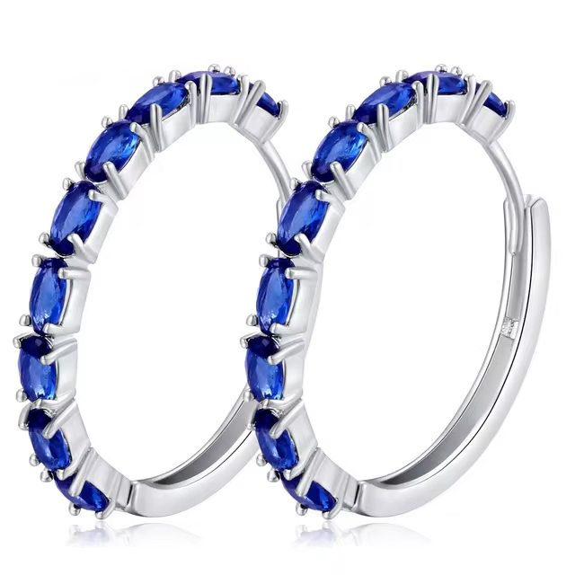 Blue Charm Austrian Crystal Sterling Silver Hoop Earrings