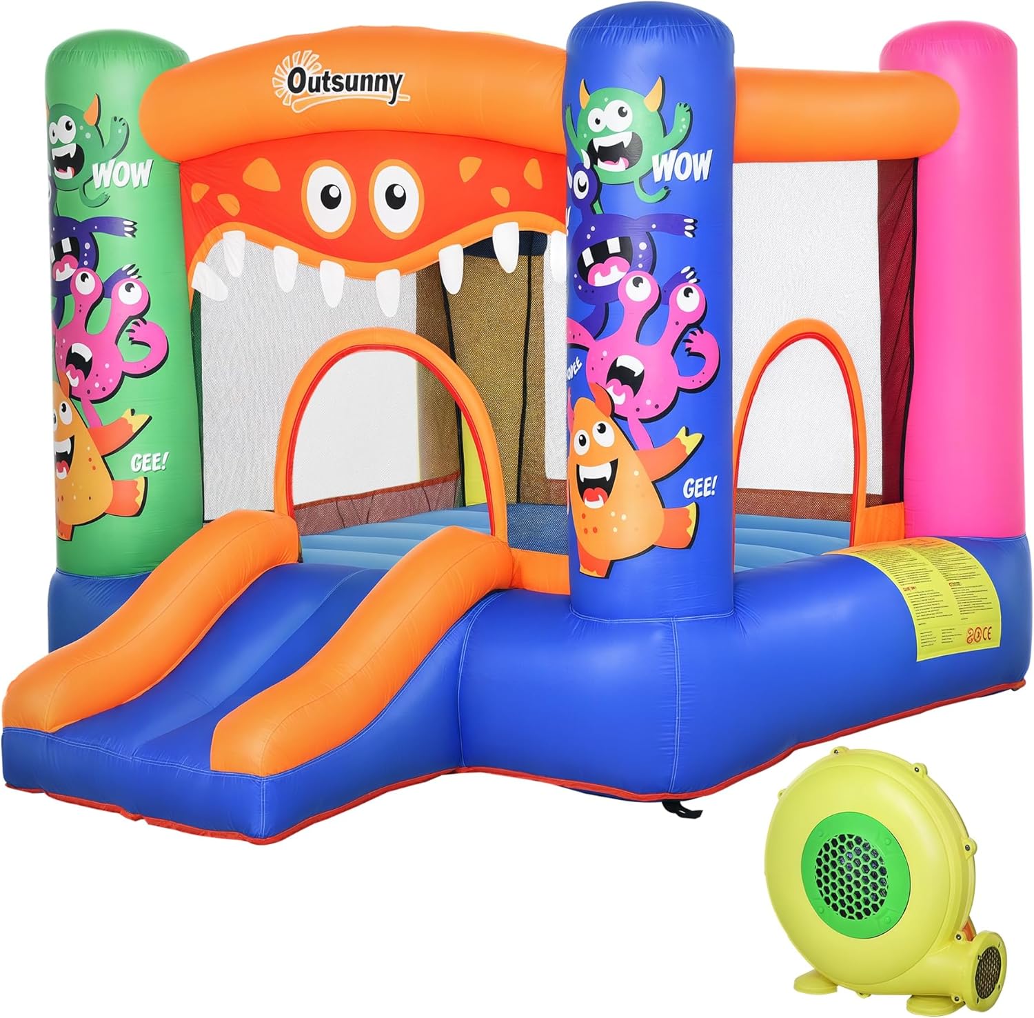 Outsunny Giant Inflatable Castle for Children 3-8 Years Colourful Bouncing Trampoline with Slide and Basket 250 x 180 x 175 cm