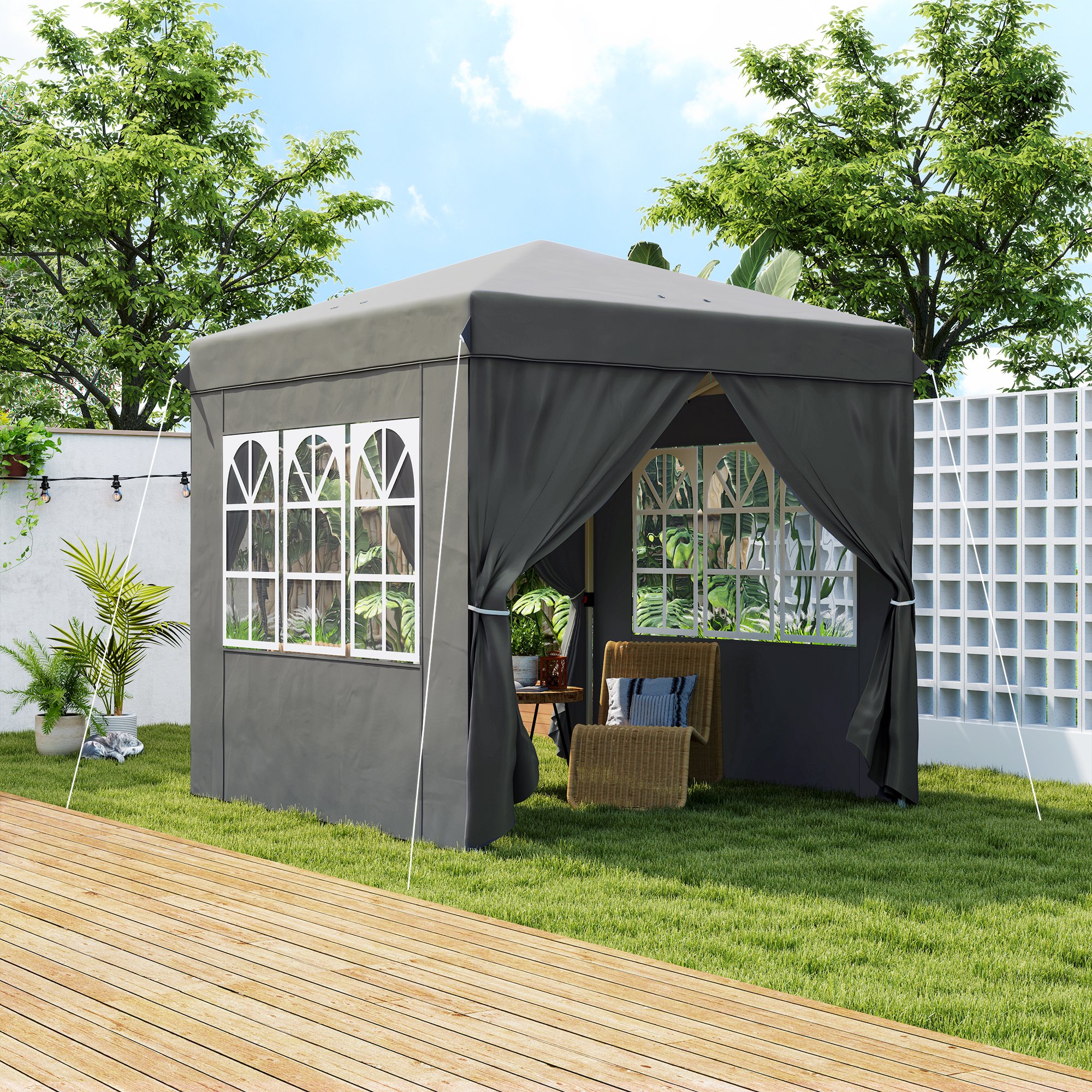 Outsunny 2,5 x 2,5 m Pop-up-Pavillon mit Seitenwänden und Transporttasche, UPF50+ höhenverstellbares Gartenzelt, Dunkelgrau