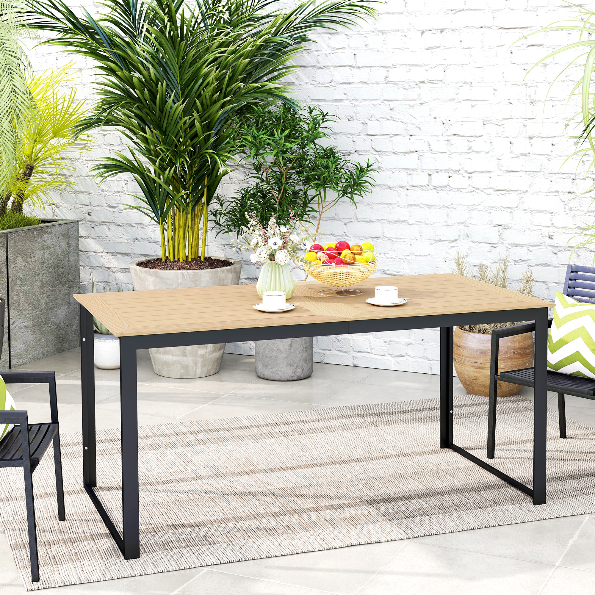Outsunny Gartentisch für 6 Personen 160 x 80 cm Wetterfest Balkontisch mit Lamellen-Tischplatte, Buffettisch Outdoor Teak