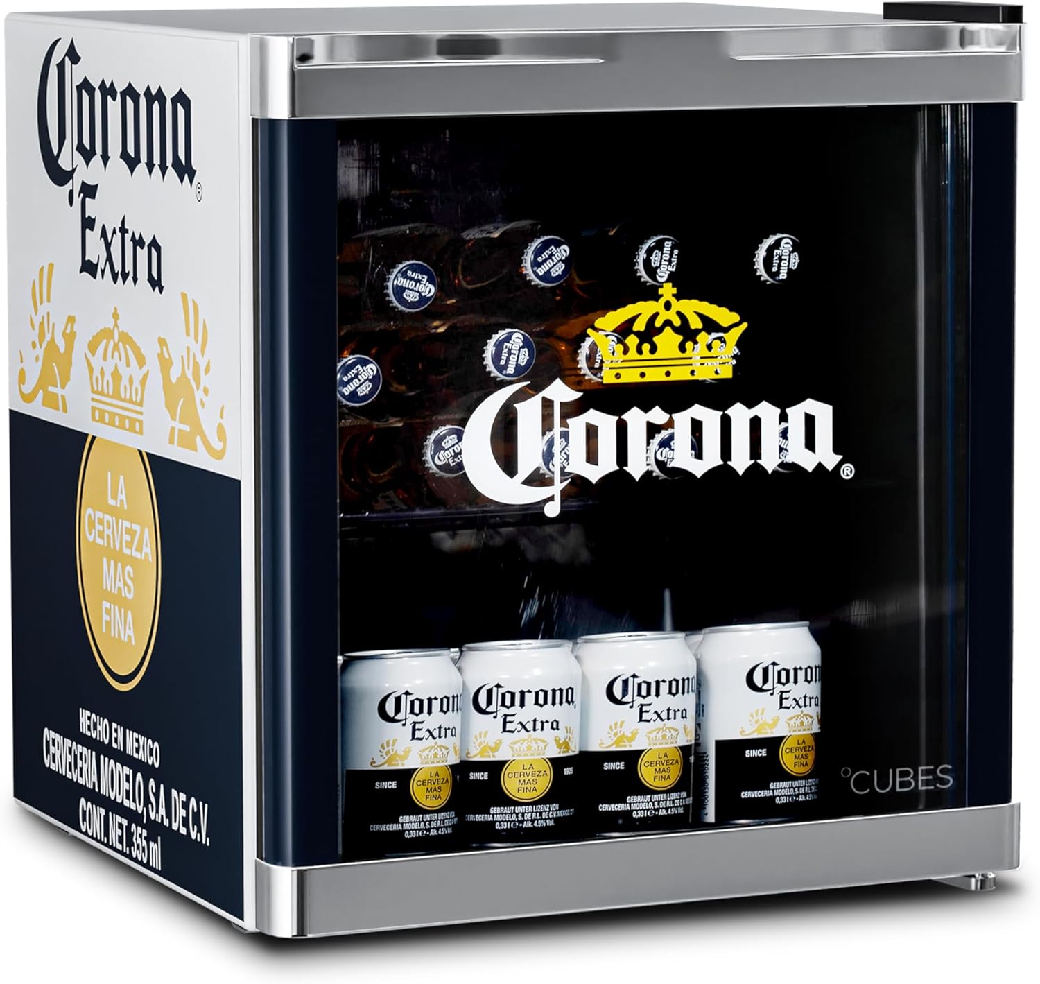 °CUBES CORONA Mini Getränkekühlschrank 48L (Blau/Gelb) – Kompakter Flaschenkühlschrank mit Glastür & wechselbarem Türanschlag – Leise & energieeffizient - Bar, Küche, Homeoffice – Getränkekühler