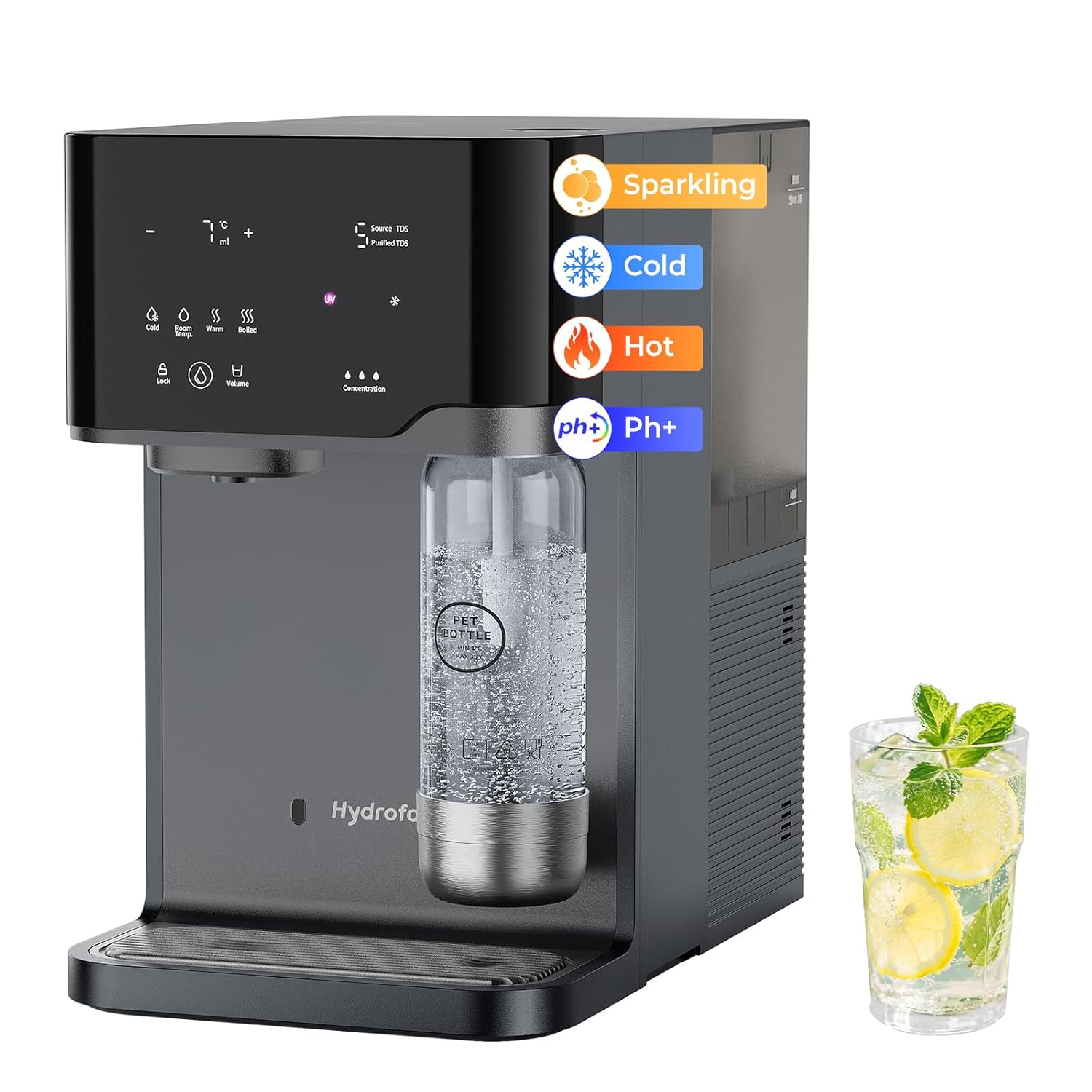 C300 Wasserspender mit Kohlensäure  und  Osmoseanlage, 6-Stufen Umkehrosmose + UV, Heißwasserspender mit Kühlung, 5L Tank, Temperatureinstellung 40-100°C, für Zuhause  und  Büro