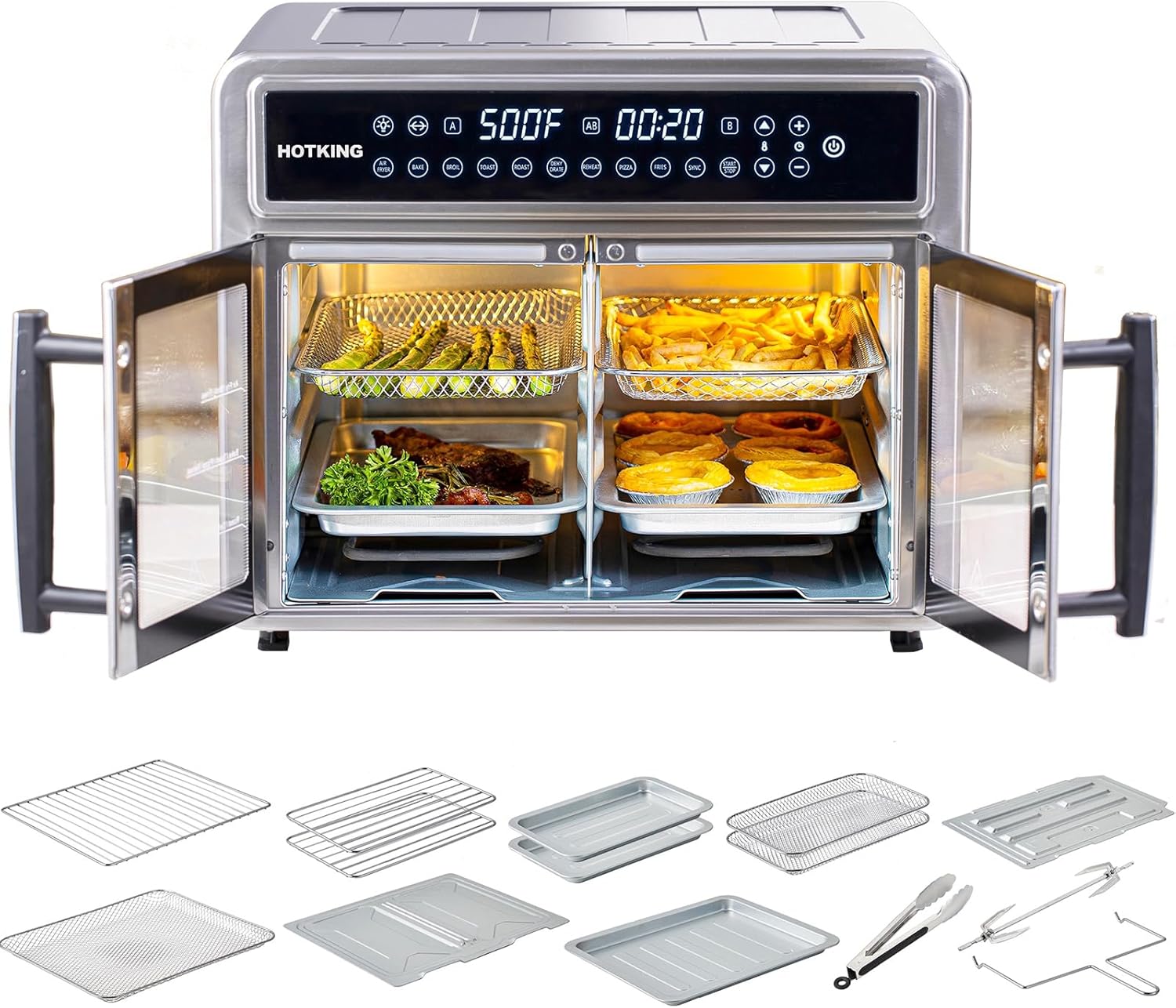 HotKing Dual-Zone Air Fryer Toaster Oven Combo, 28 QT Extra Large, Non Toxic Stainless Steel Convection Oven with French Door, Countertop Airfryer with Window, Racks, Rotisserie, Dehydrator, ETL Rated
