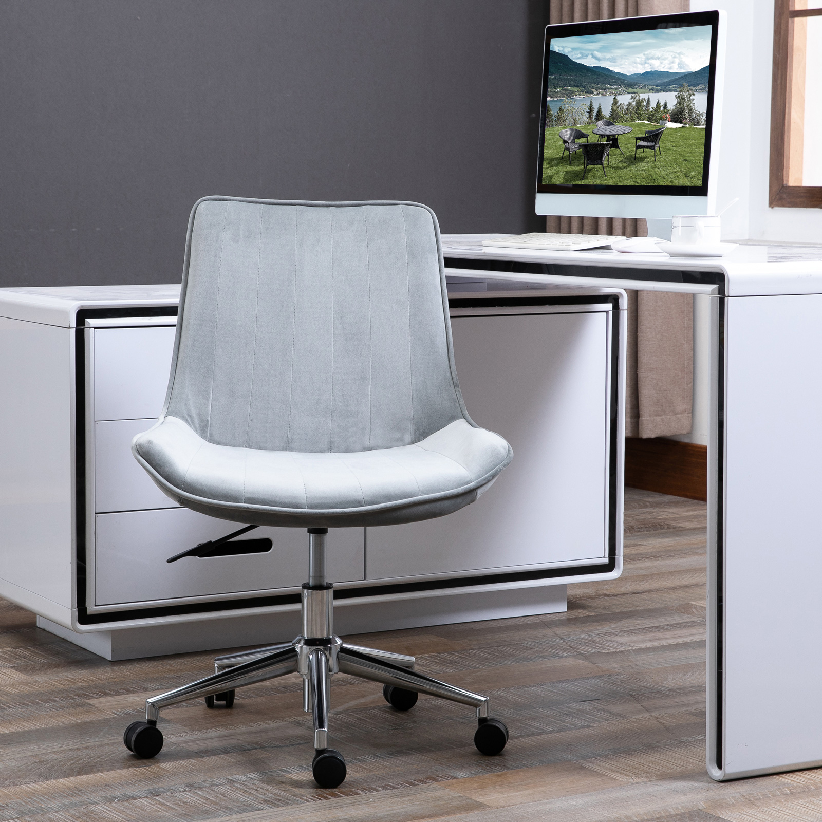 HOMCOM Bürostuhl Schreibtischstuhl Drehstuhl drehbar Höhenverstellbar 360°, Samtstoff, Grau, 52,5 x 60 x 82-91 cm
